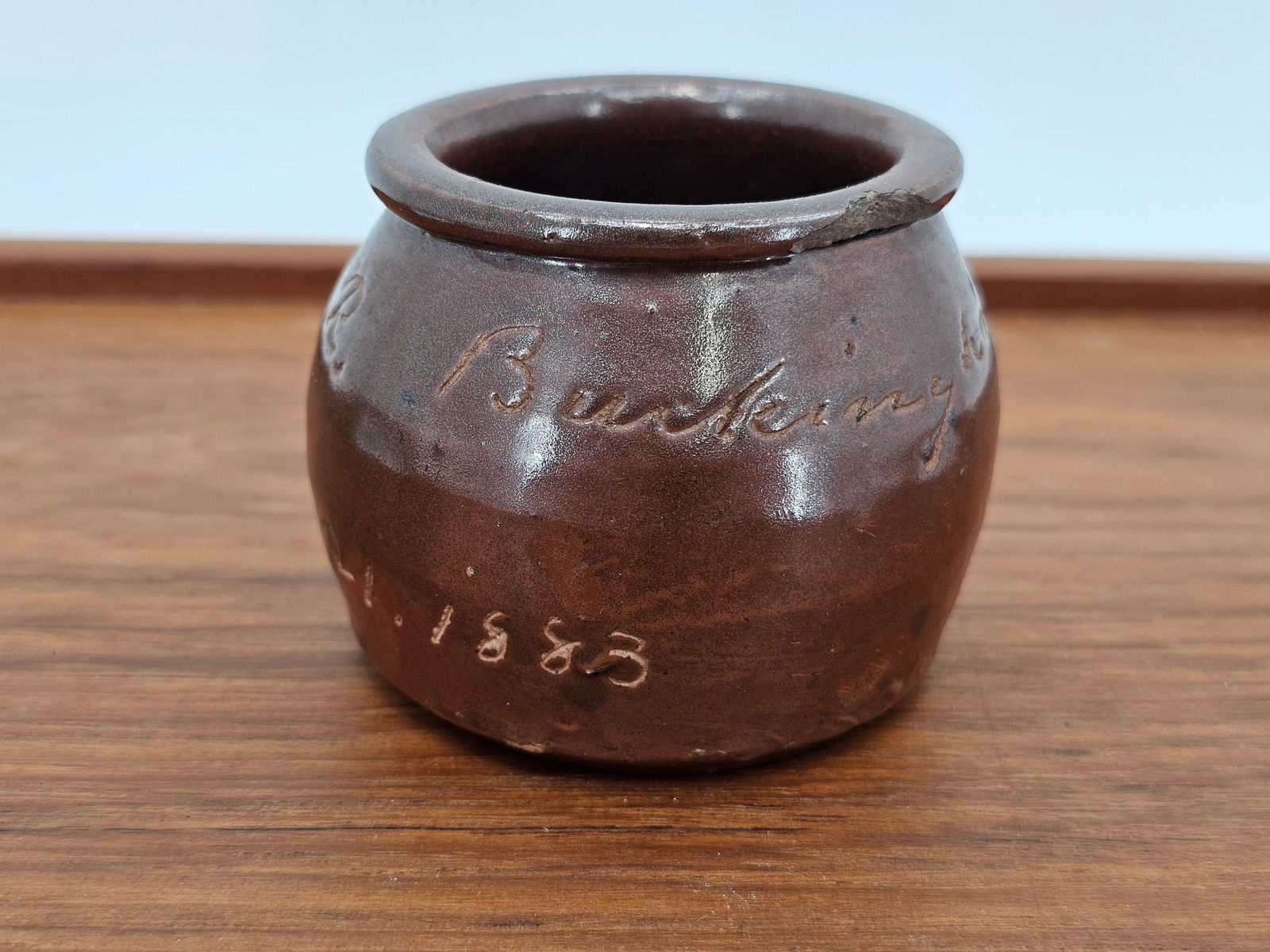 Antique Stoneware Miniature Bean Pot - Grand Army of the Republic 1883 (1 of 10)