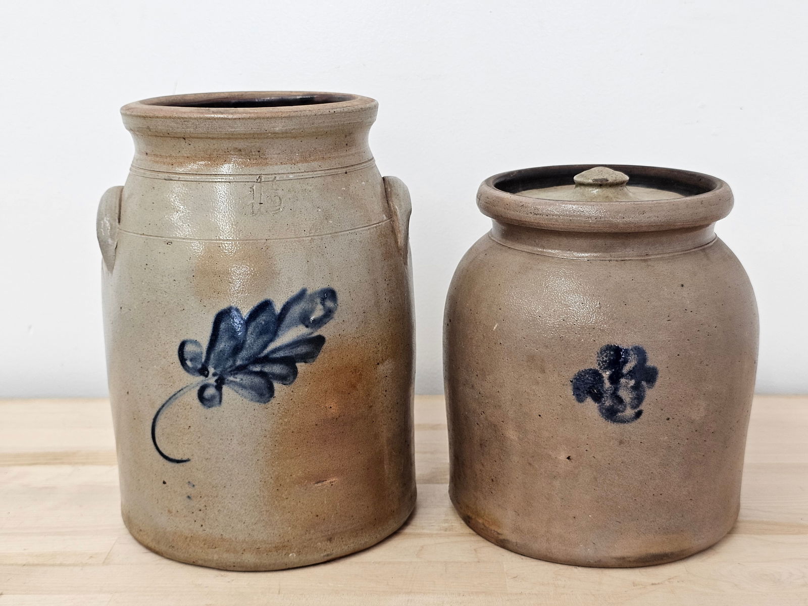 Pair of 19th Century Stoneware Crocks with Cobalt Decorations (1 of 8)
