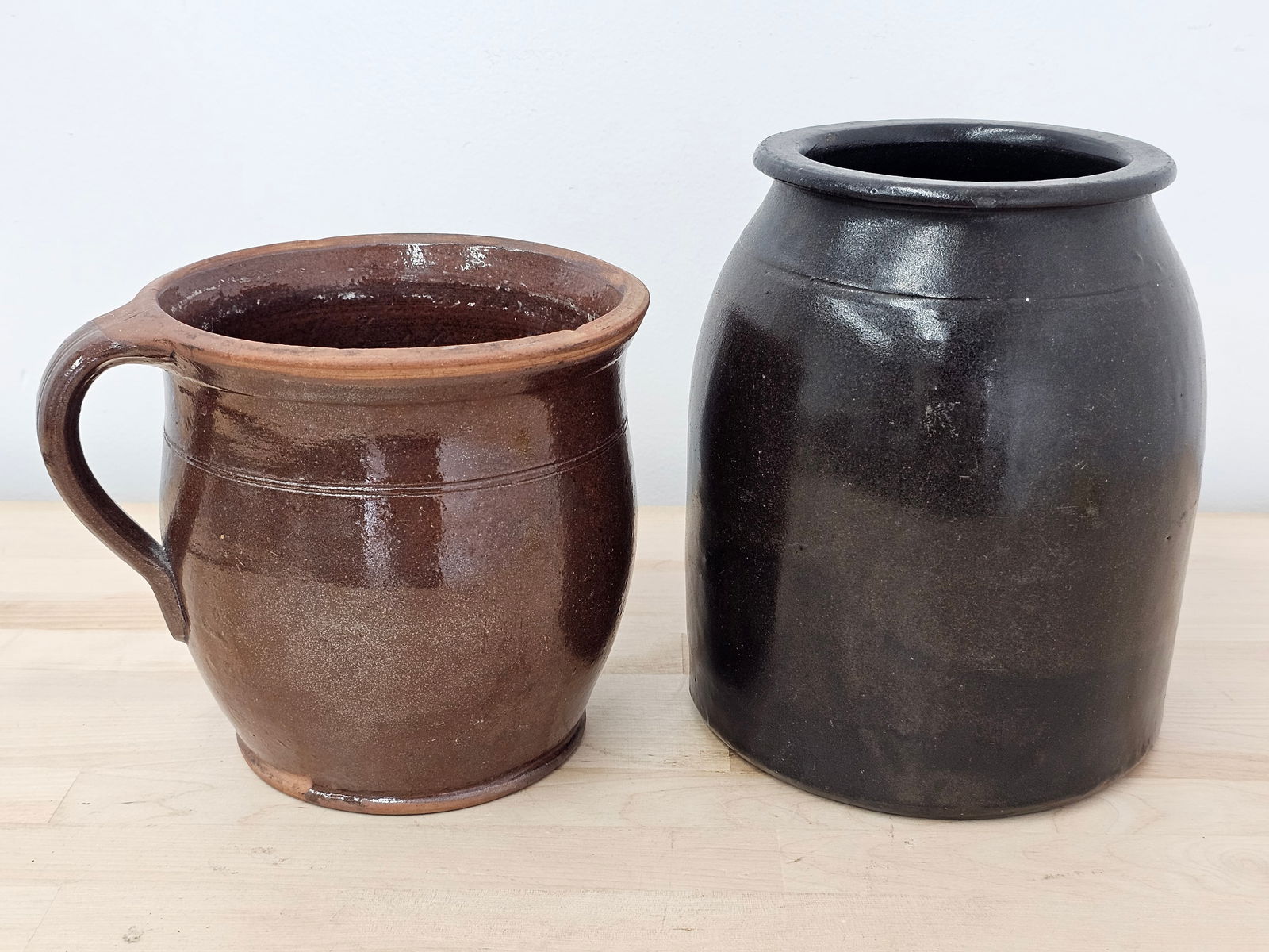 Pair of 19th C. Brown Salt Glazed Stoneware Crocks (1 of 9)