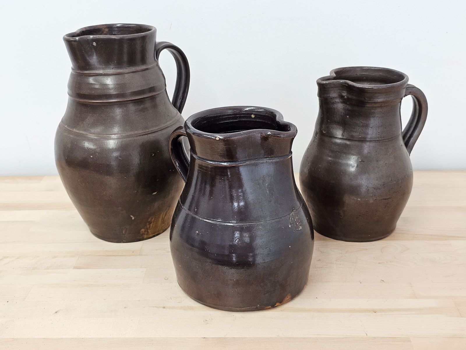 Lot of 3 Antique Brown Glazed Stoneware Pitchers (1 of 20)