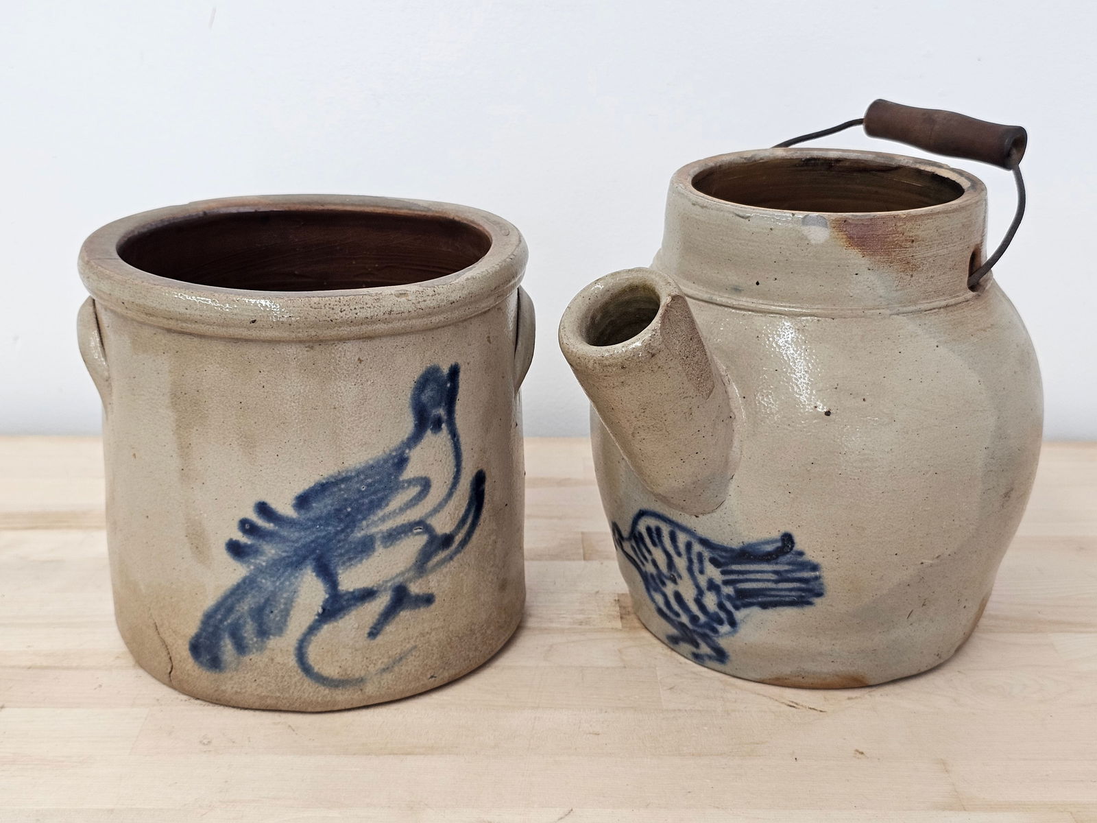 Cobalt Decorated Birds Stoneware Crock & Batter Jug - As-Is with Damage (1 of 20)