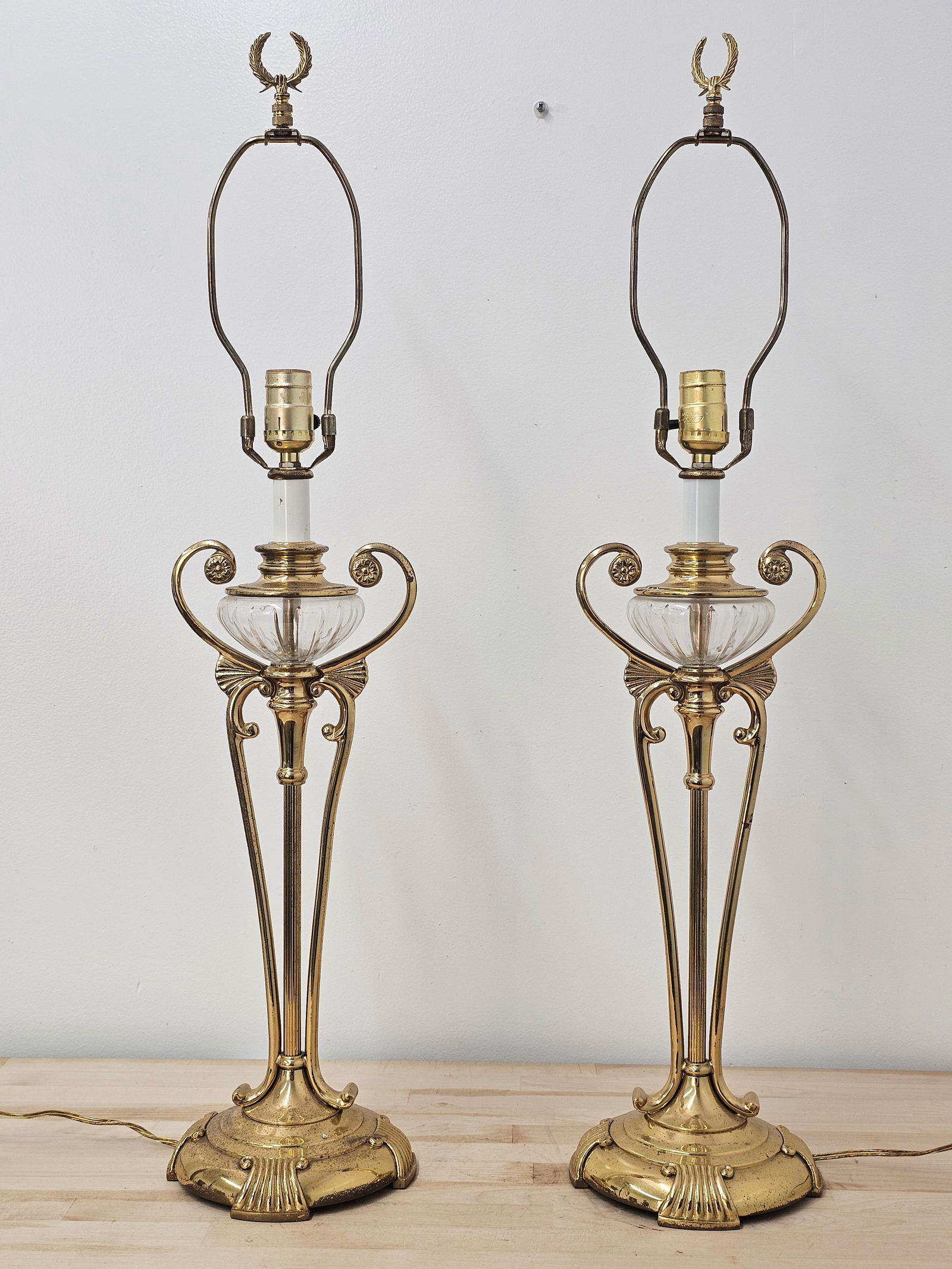 Pair of Art Nouveau Style Brass & Crystal Table Lamps (1 of 9)