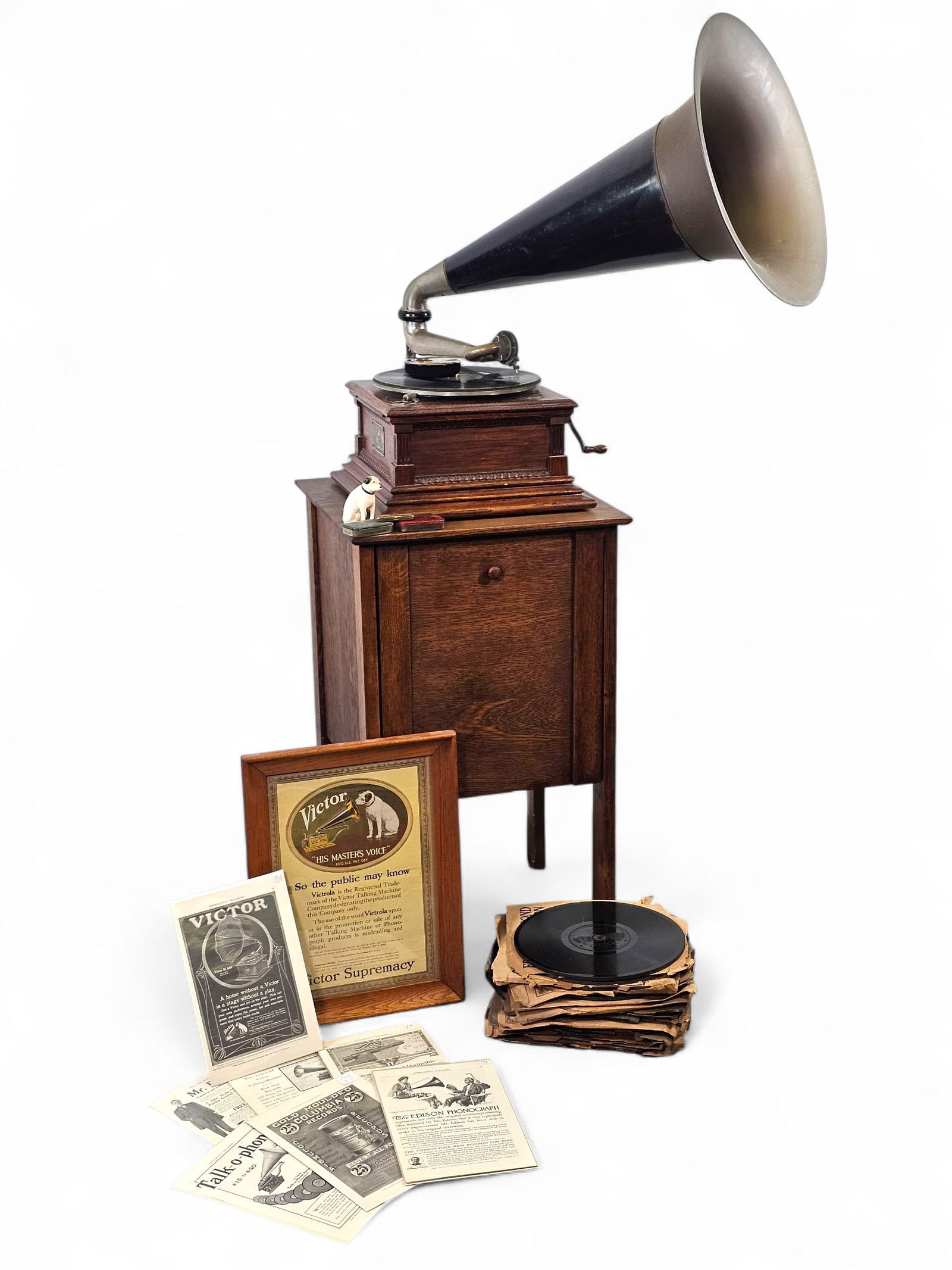 19 th C. Victor Victrola Type-M Phonograph with Horn & Record Cabinet Stand (1 of 20)