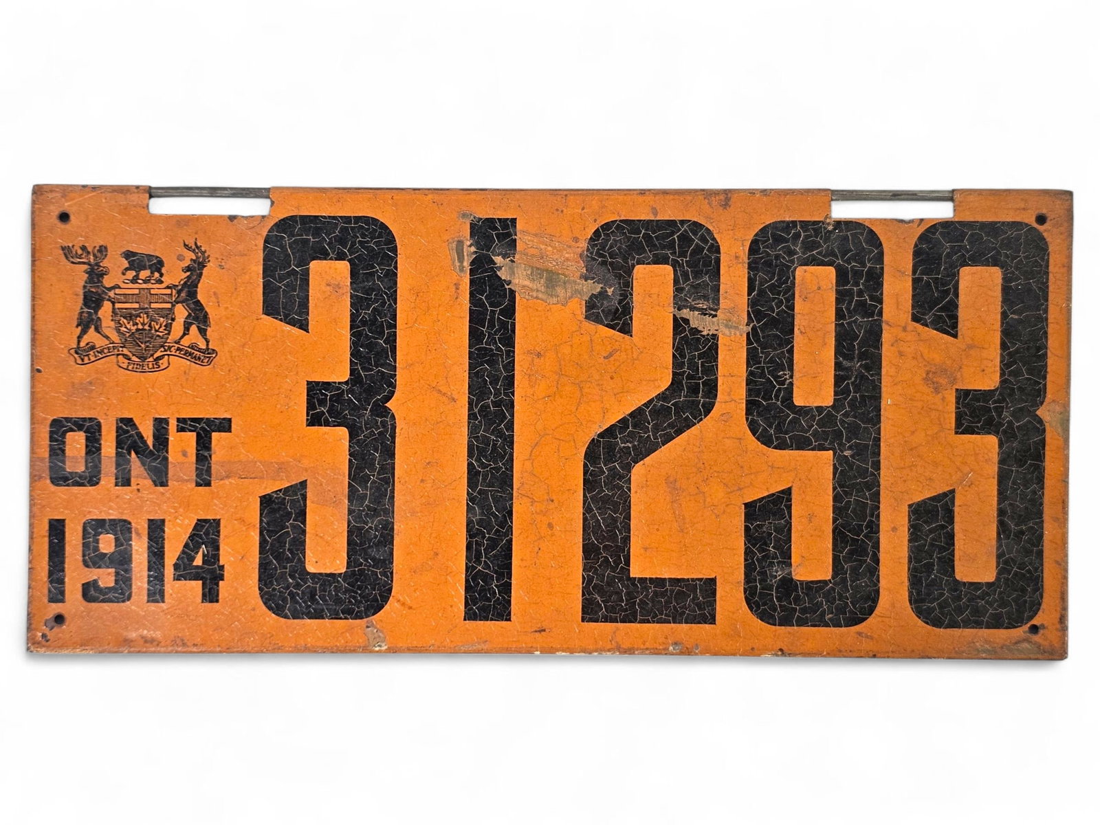 Original 1914 Ontario Canadian License Plate: The plate is in good overall antique condition, showing expected ware and discoloration you want to see in a over 100 year old piece. See lot photos for more information on the plate and its condition