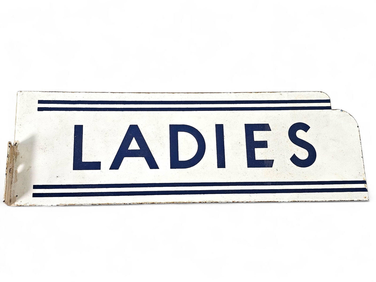 1950 s Porcelain "Ladies" Service Station Restroom Flange Sign: The sign is a 1950 s porcelain flange-style restroom sign marked "Ladies." It displays bright color and strong gloss throughout, with minor edge staining and small chips around the mounting holes of t