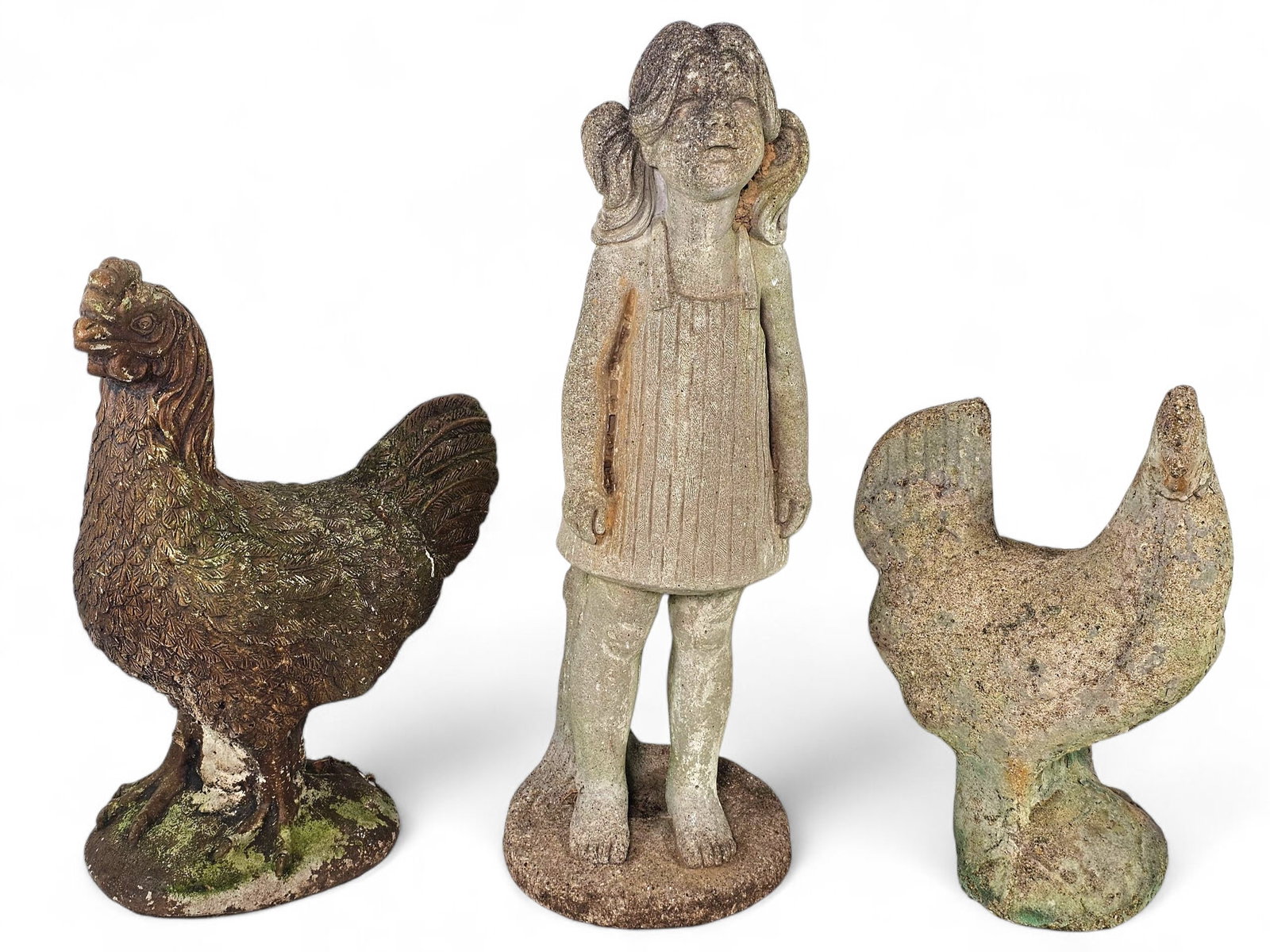 (3 pc) Vintage Concrete Yard Sculptures - 2 Chickens & a Standing Girl (1 of 20)
