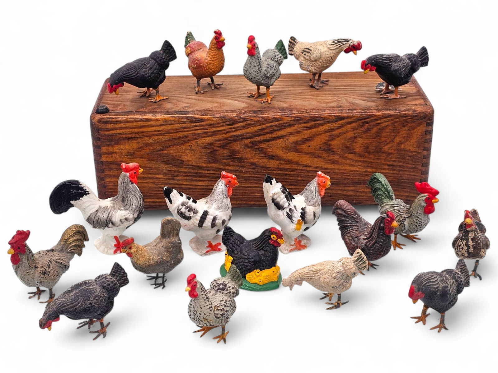 Lot of Antique Chicken Figurines: This lot includes all of the assorted antique and vintage chicken figurines seen in the photos. Many are Italian Bisque, others metal. See lot photos for more details on the contents and condition of