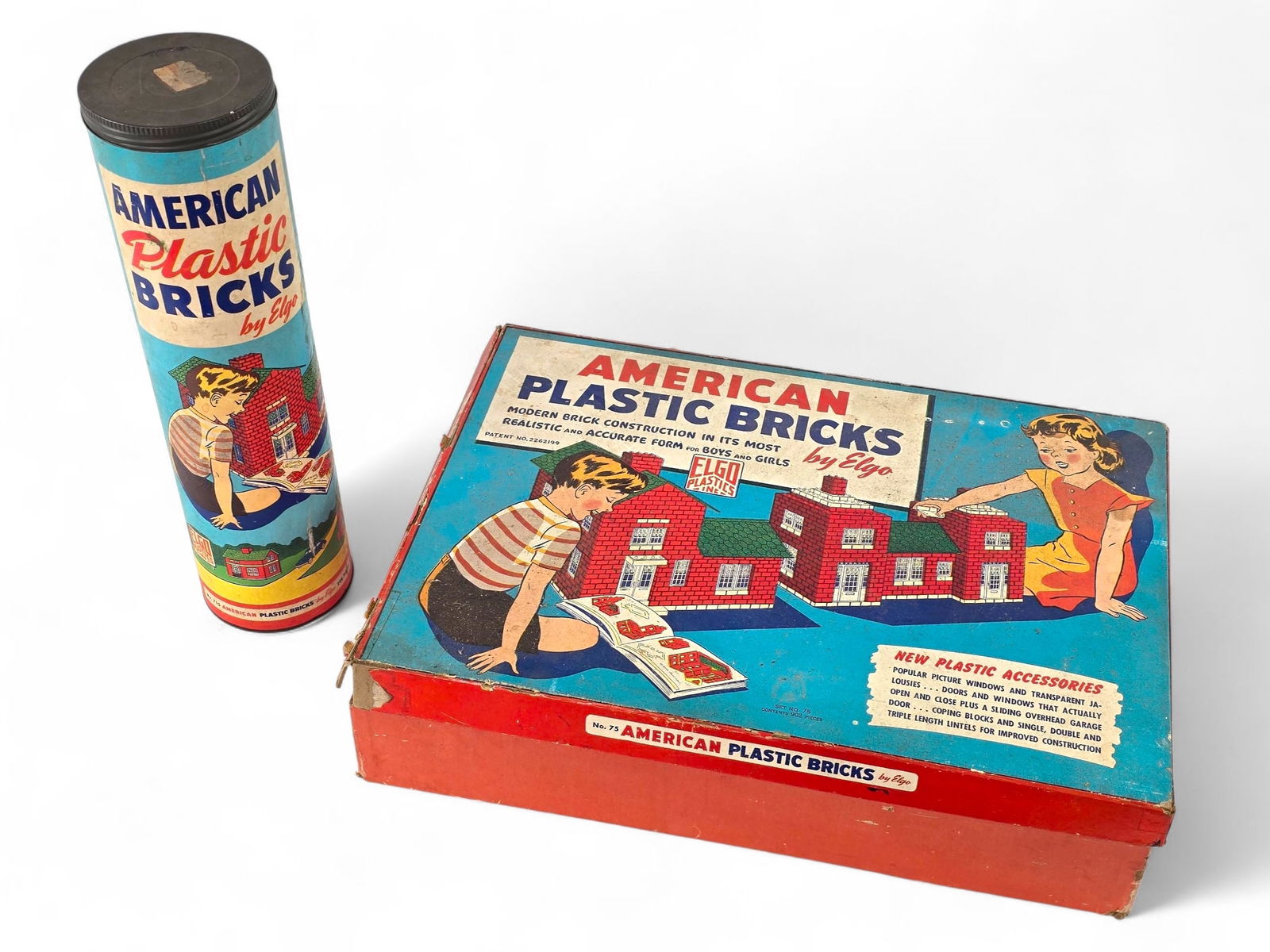 Lot of Vintage 1940 s American Plastic Brick Sets by Elgo: The sets appear to be in good overall vintage condition in the original packaging. Includes a larger boxed set and smaller tube of bricks. We are unsure if the sets are complete, so please review all