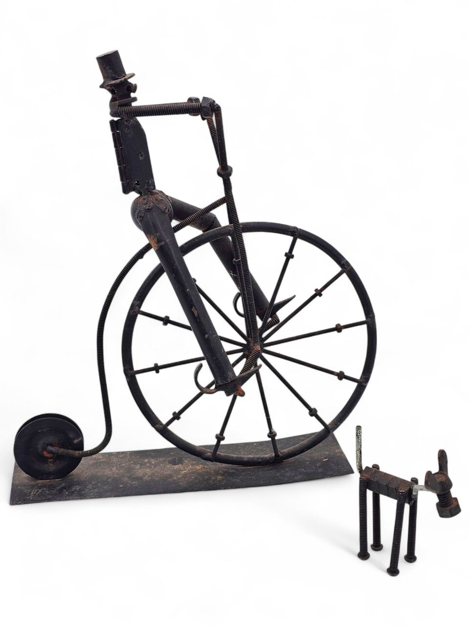 Nut and Bolt Metal Art Sculpture of Antique Bicycle & Dog: The pieces are in good overall condition, showing minor ware from general age and use. The sculptures are well made and of fair details, see lot photos for more information on the contents and conditi