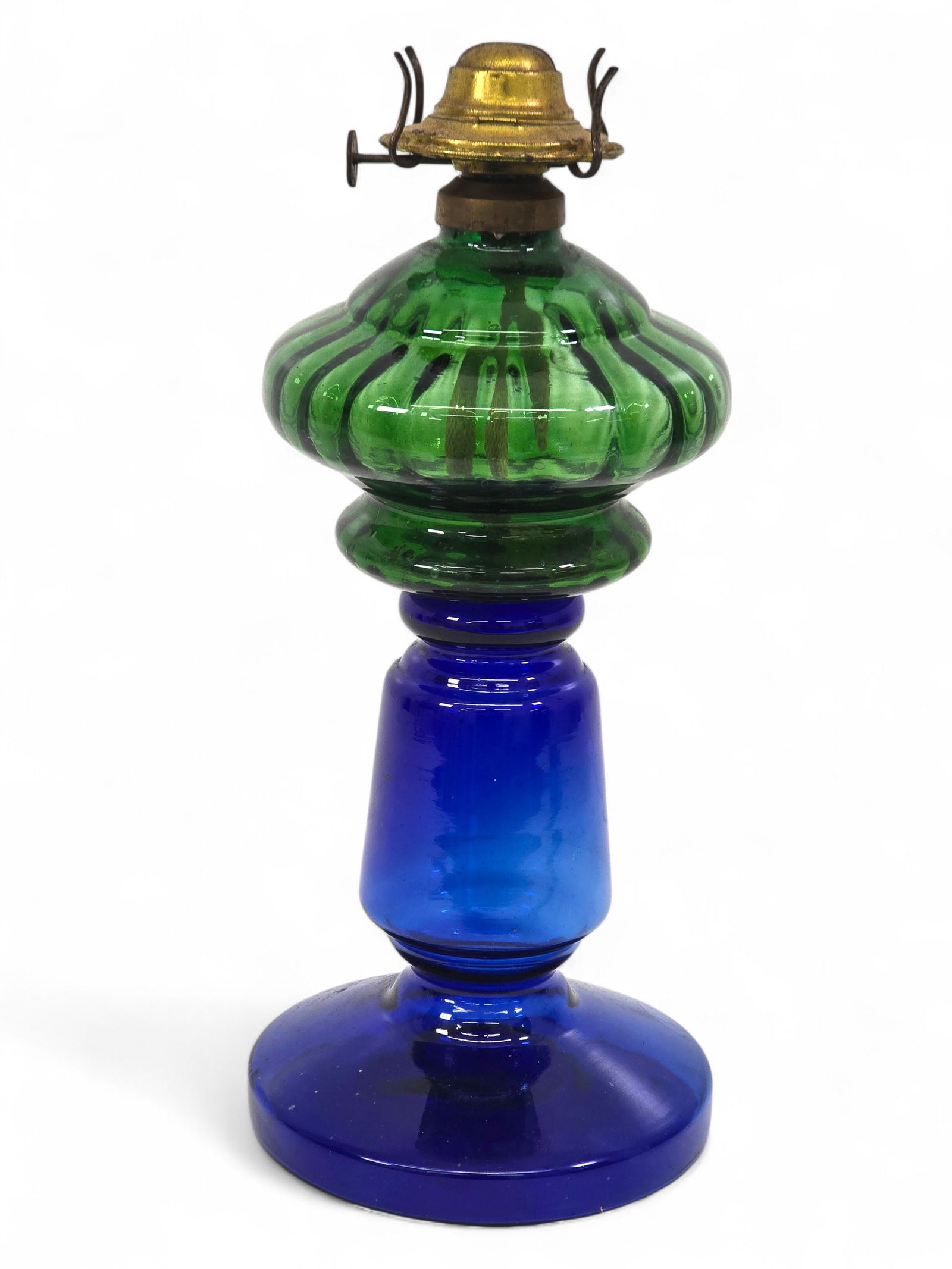 Two-Toned Blue & Green Blown Glass Oil Lamp: The lamp is in good overall antique / vintage condition. Unmarked, see lot photos for more details on the lamp and its overall condition.