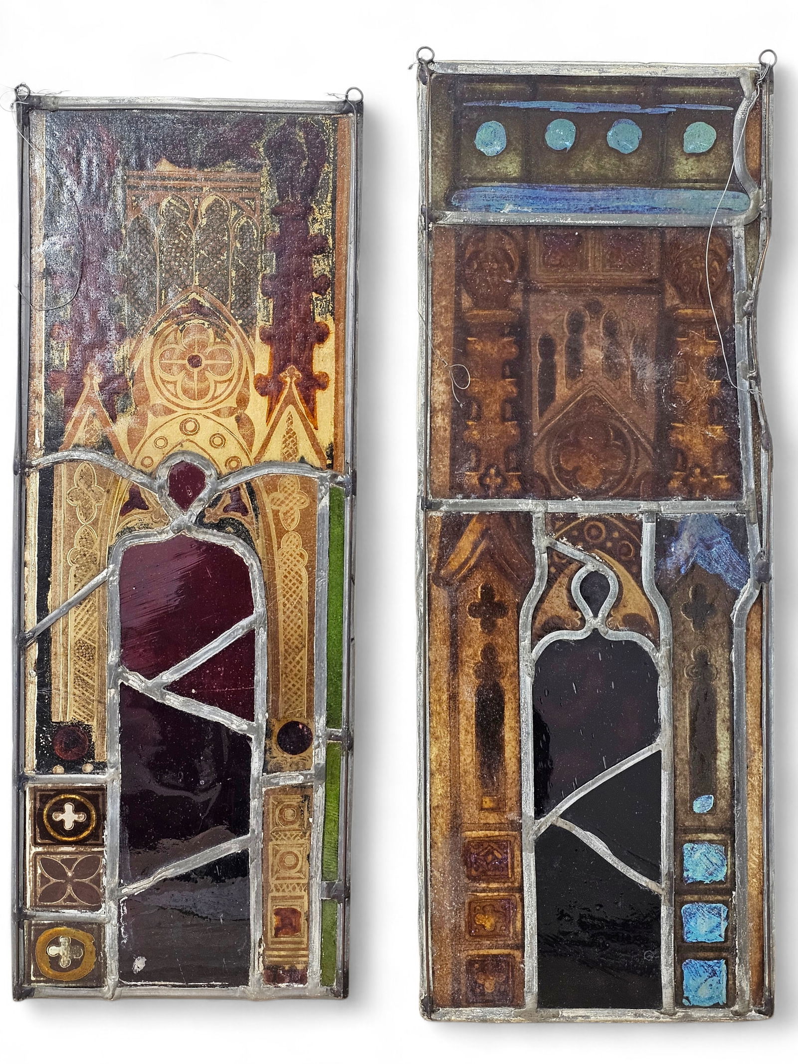Pair of Gothic Revival Hand Painted/Stenciled Leaded Glass Church Window Panels (1 of 14)