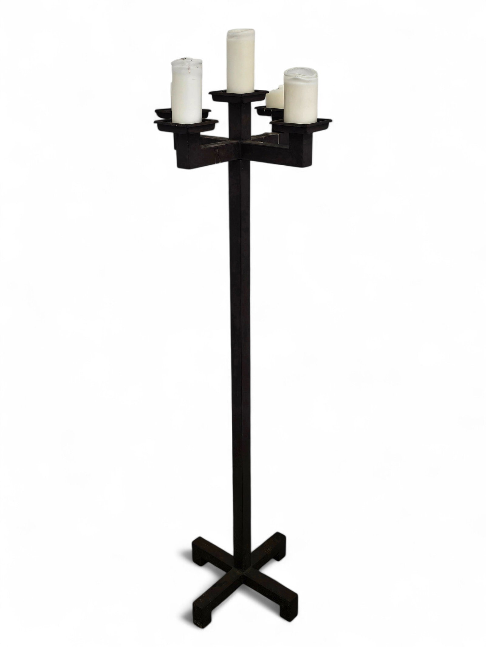 Arts & Crafts Period 5 Candle Torchiere Floor Lamp: The torchiere is in good overall condition, holding 5 candles for light. Made of aged metal in the Arts & Crafts Style, see lot photos for more details on the piece and its overall condition. Measures