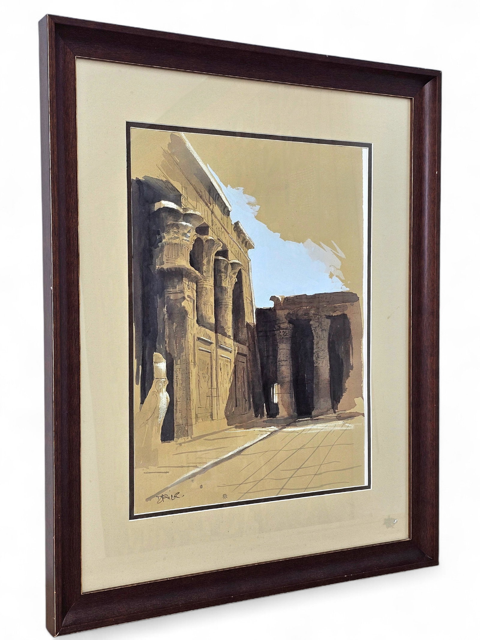 Egyptian Ruins Watercolor Painting - Signed: Watercolor Painting depicting Egyptian architectural ruins with columns and a Horus statue. Signed lower right and framed and matted behind glass. Wear consistent with age including minor imperfection