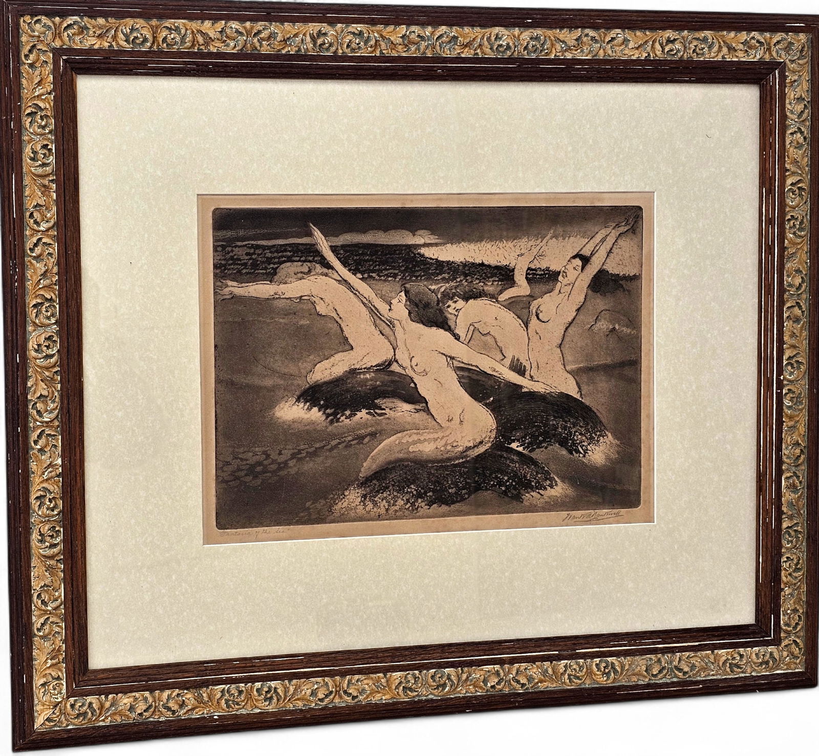 "Fantasia of The Sea" Etching - Signed: Black and white engraving depicting nude mermaid figures. Signed in lower right and titled lower left. Framed in an ornate carved/molded frame and matted with glass. Wear consistent with age including
