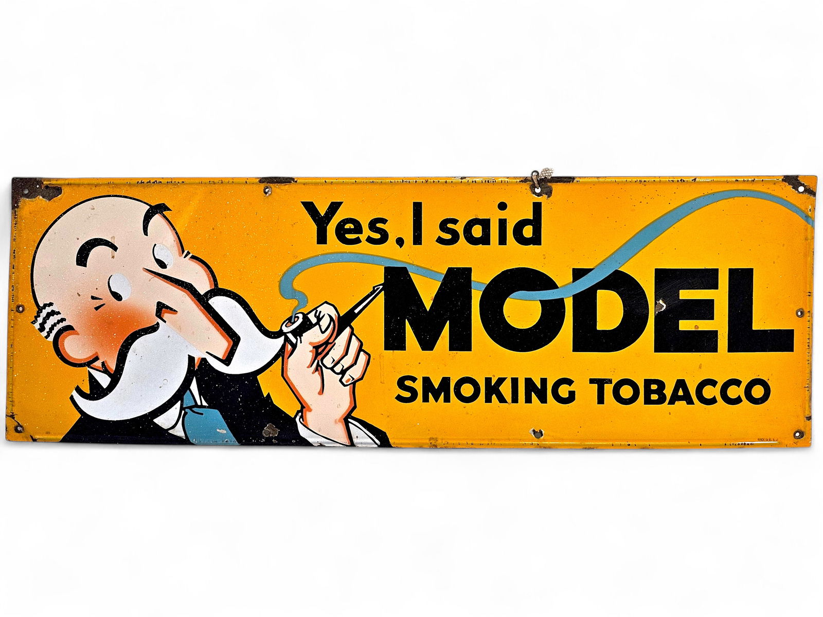 Model Smoking Tobacco Advertising Sign - SSP: Model Smoking Tobacco single sided porcelain sign. Chips and losses to edges and mount hole areas, edge wear, and light crazing. See photos for more details and condition information.Measurements: 12.