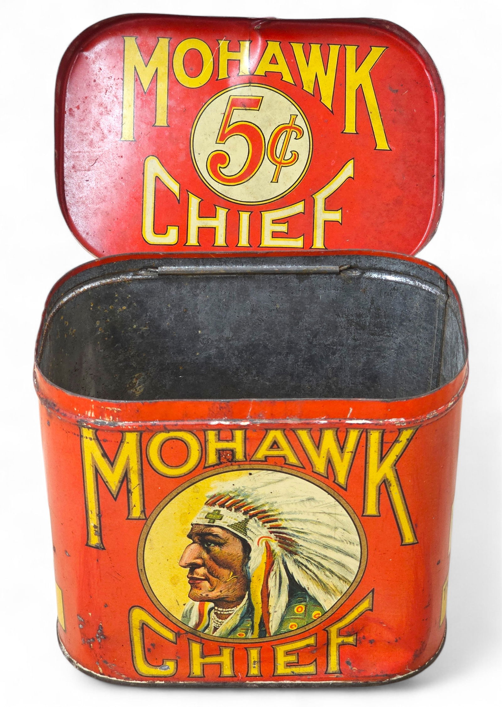 Mohawk Chief Tobacco Tin with Native American graphic & 5¢ Logo (1 of 19)