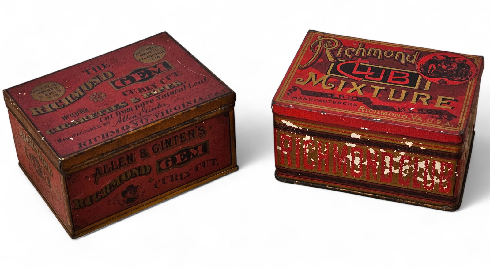 Pair of Richmond Tobacco Tins - Club Mixture & Gem Curly Cut- From Estate Collection: Offered in this lot is a newly uncovered grouping of tobacco tins from a longtime collector's estate. These pieces were found buried in an attic, wrapped in newspaper dated 1978, and are being offered