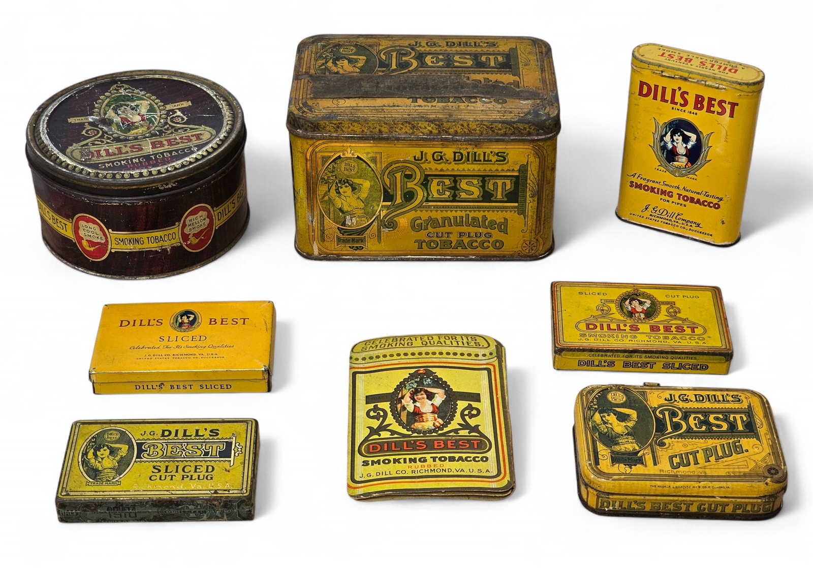 J. G. Dill's Best Tobacco Tins - Small Estate Found Collection: Offered in this lot is a newly uncovered grouping of tobacco tins from a longtime collector's estate. These pieces were found buried in an attic, wrapped in newspaper dated 1978, and are being offered
