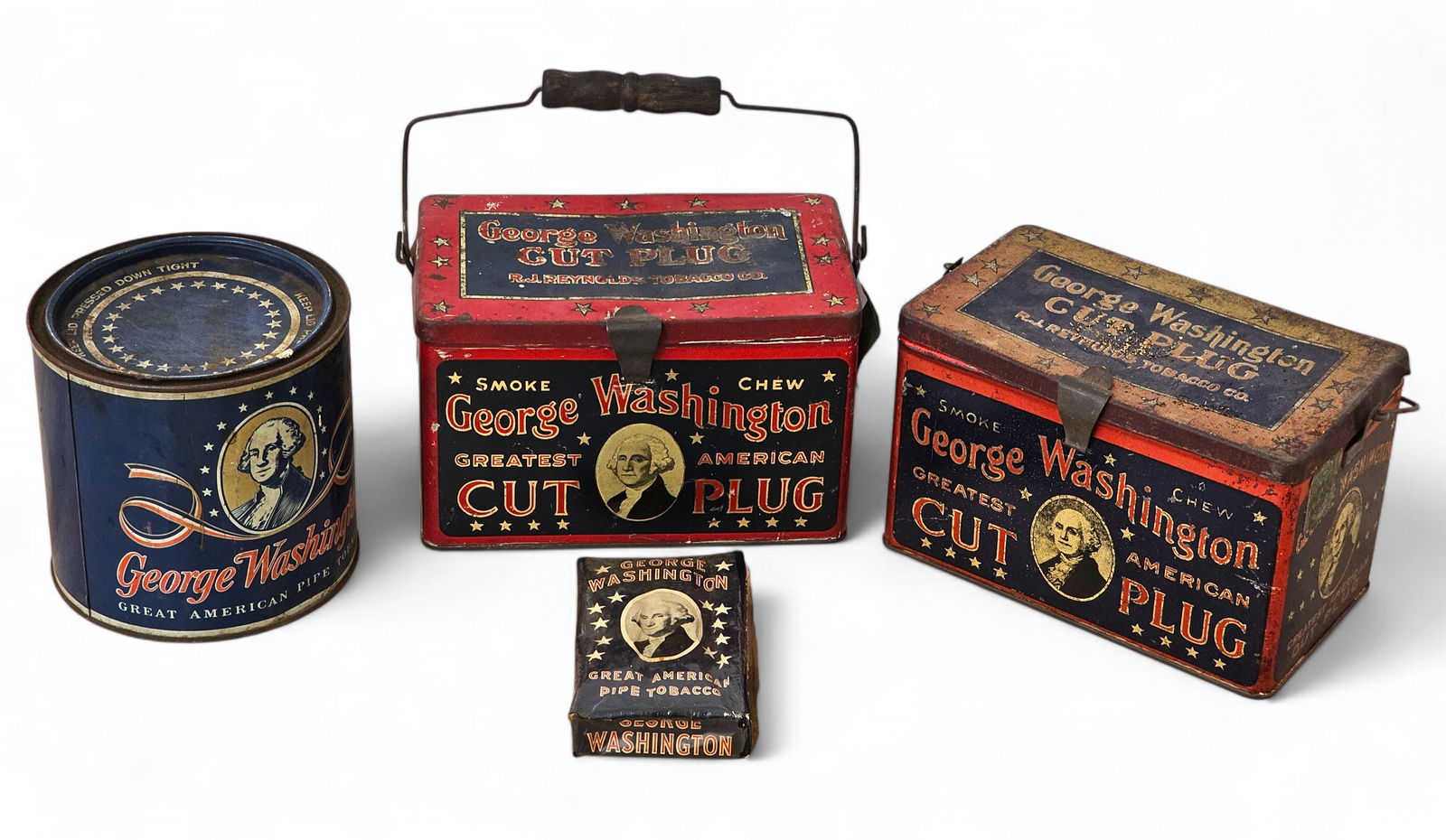 George Washington Tobacco Tins - Small Estate Found Collection: Offered in this lot is a newly uncovered grouping of tobacco tins from a longtime collector's estate. These pieces were found buried in an attic, wrapped in newspaper dated 1978, and are being offered