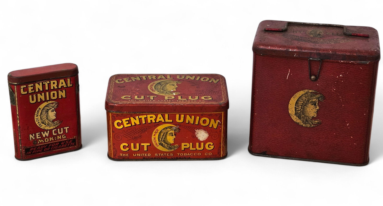 Central Union Tobacco Tins - Small Estate Found Collection: Offered in this lot is a newly uncovered grouping of tobacco tins from a longtime collector's estate. These pieces were found buried in an attic, wrapped in newspaper dated 1978, and are being offered