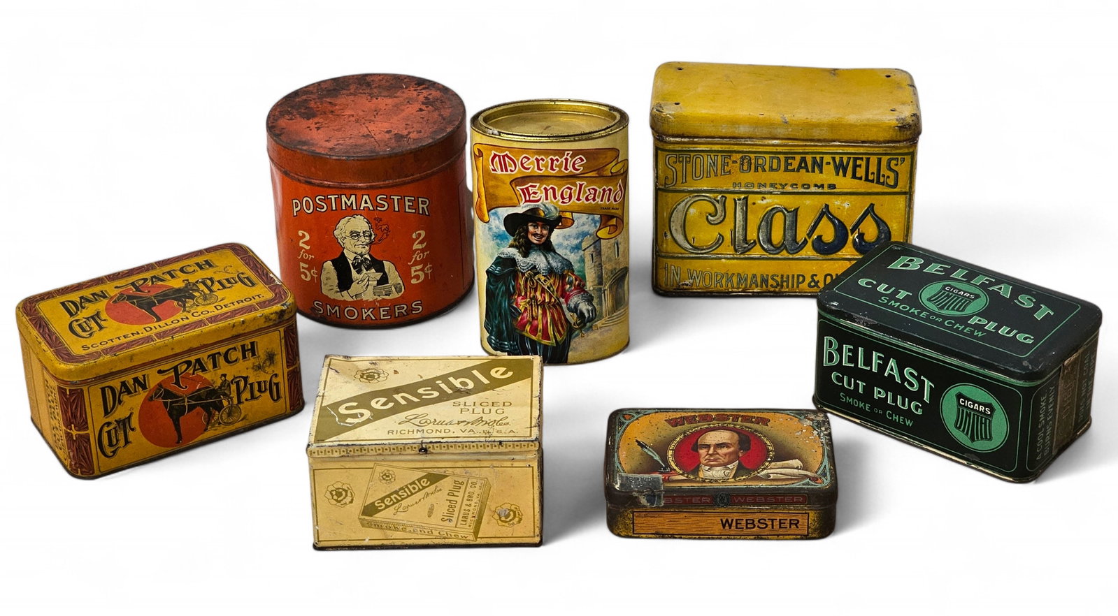 Lot of Various Tobacco Tins - 7 pc Small Estate Found Collection: Offered in this lot is a newly uncovered grouping of tobacco tins from a longtime collector's estate. These pieces were found buried in an attic, wrapped in newspaper dated 1978, and are being offered