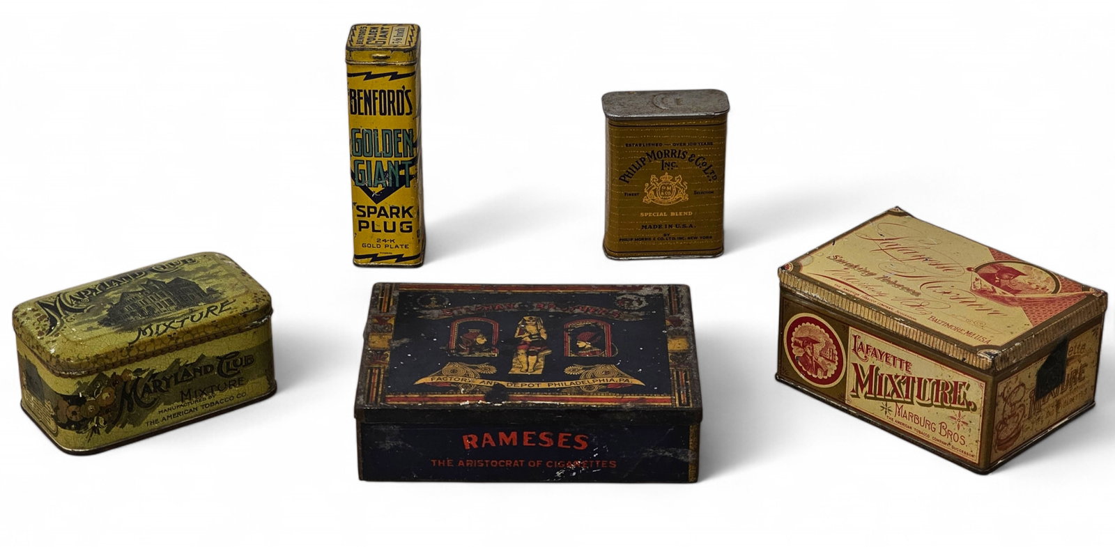 Lot of Various Tobacco Tins - 5 pc Small Estate Found Collection: Offered in this lot is a newly uncovered grouping of tobacco tins from a longtime collector's estate. These pieces were found buried in an attic, wrapped in newspaper dated 1978, and are being offered