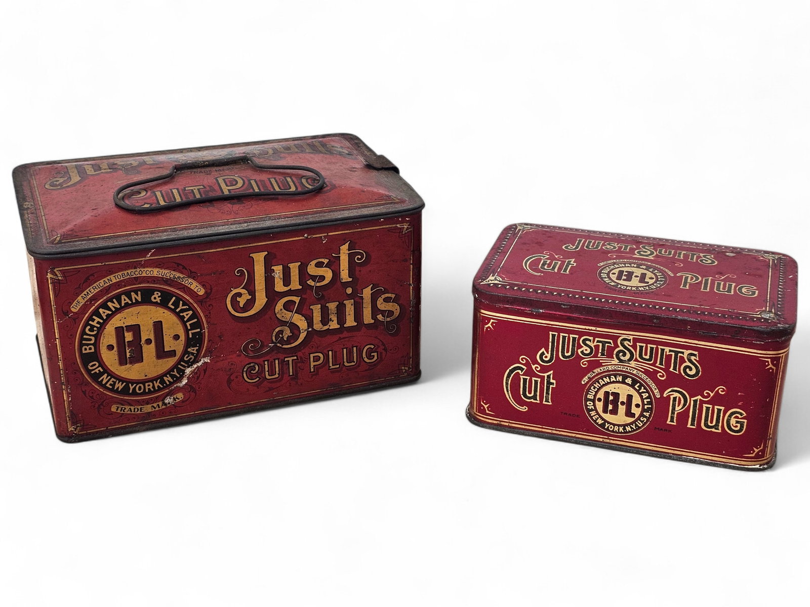 Just Suits Cut Plug Tobacco Tins - Small Estate Found Collection: Offered in this lot is a newly uncovered grouping of tobacco tins from a longtime collector's estate. These pieces were found buried in an attic, wrapped in newspaper dated 1978, and are being offered
