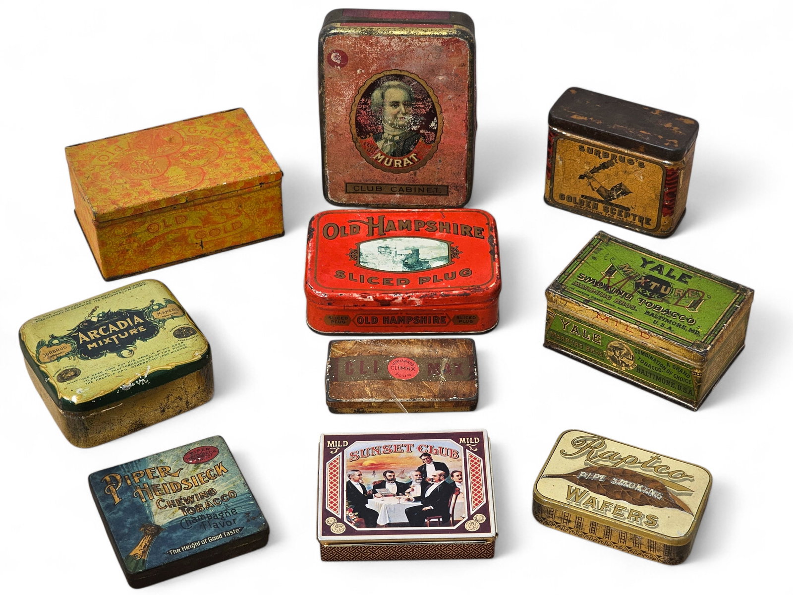 Lot of Various Tobacco Tins - 9 pc Small Estate Found Collection: Offered in this lot is a newly uncovered grouping of tobacco tins from a longtime collector's estate. These pieces were found buried in an attic, wrapped in newspaper dated 1978, and are being offered