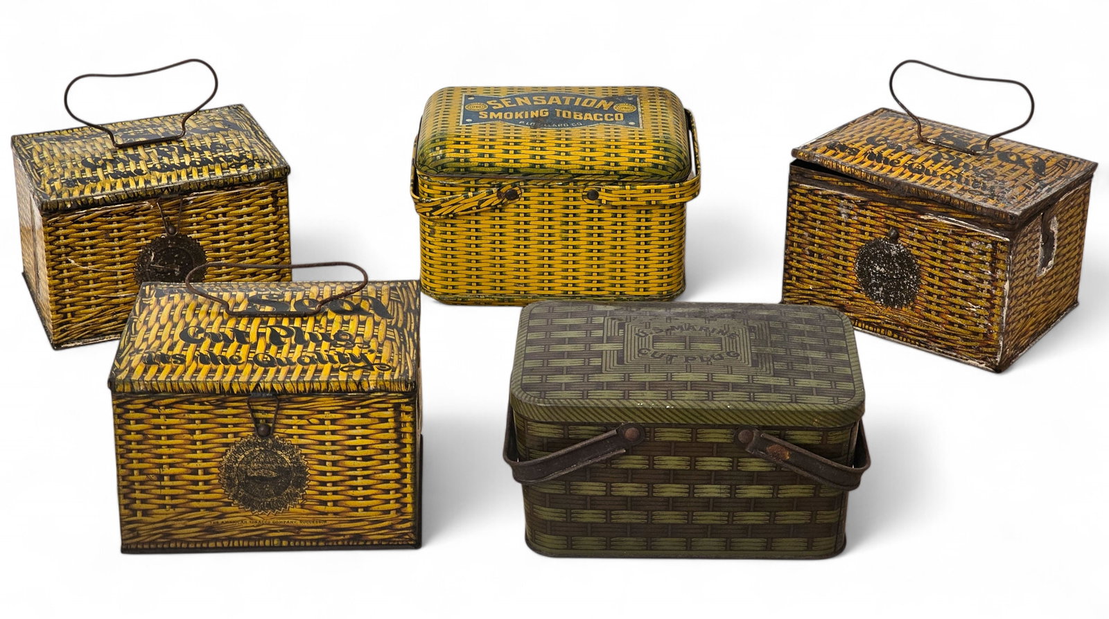 Lot of Various Lunch-Pail Style Tobacco Tins - 5 pc Small Estate Found Collection: Offered in this lot is a newly uncovered grouping of tobacco tins from a longtime collector's estate. These pieces were found buried in an attic, wrapped in newspaper dated 1978, and are being offered