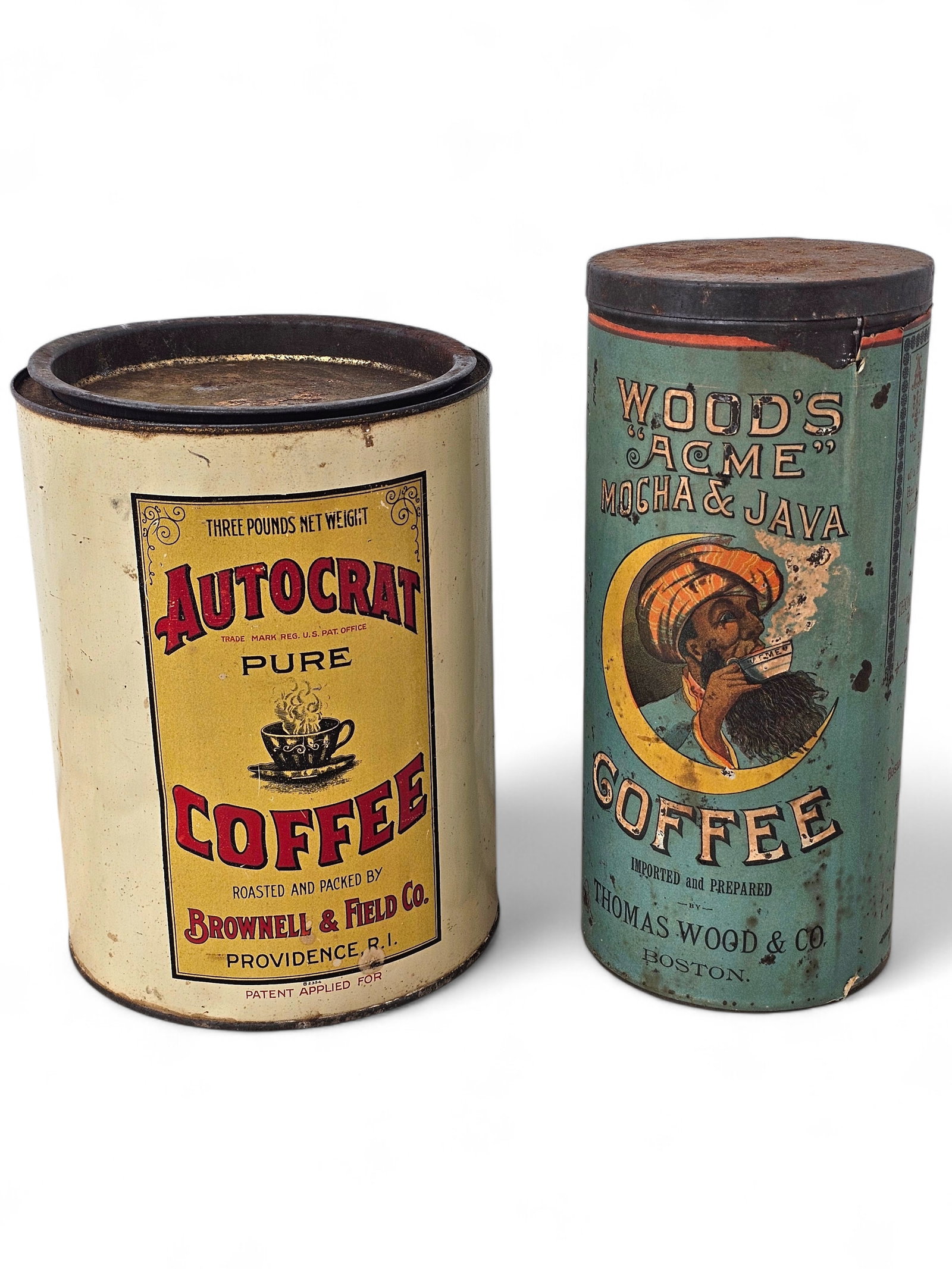 Pair of Antique Coffee Tins - Wood's Acme & Autocrat: Both tins are in good overall antique condition, with original artwork. Showing ware consistent with age and use, scuffs, dents, dings, scratches, and more. Both are offered as found in the estate, se