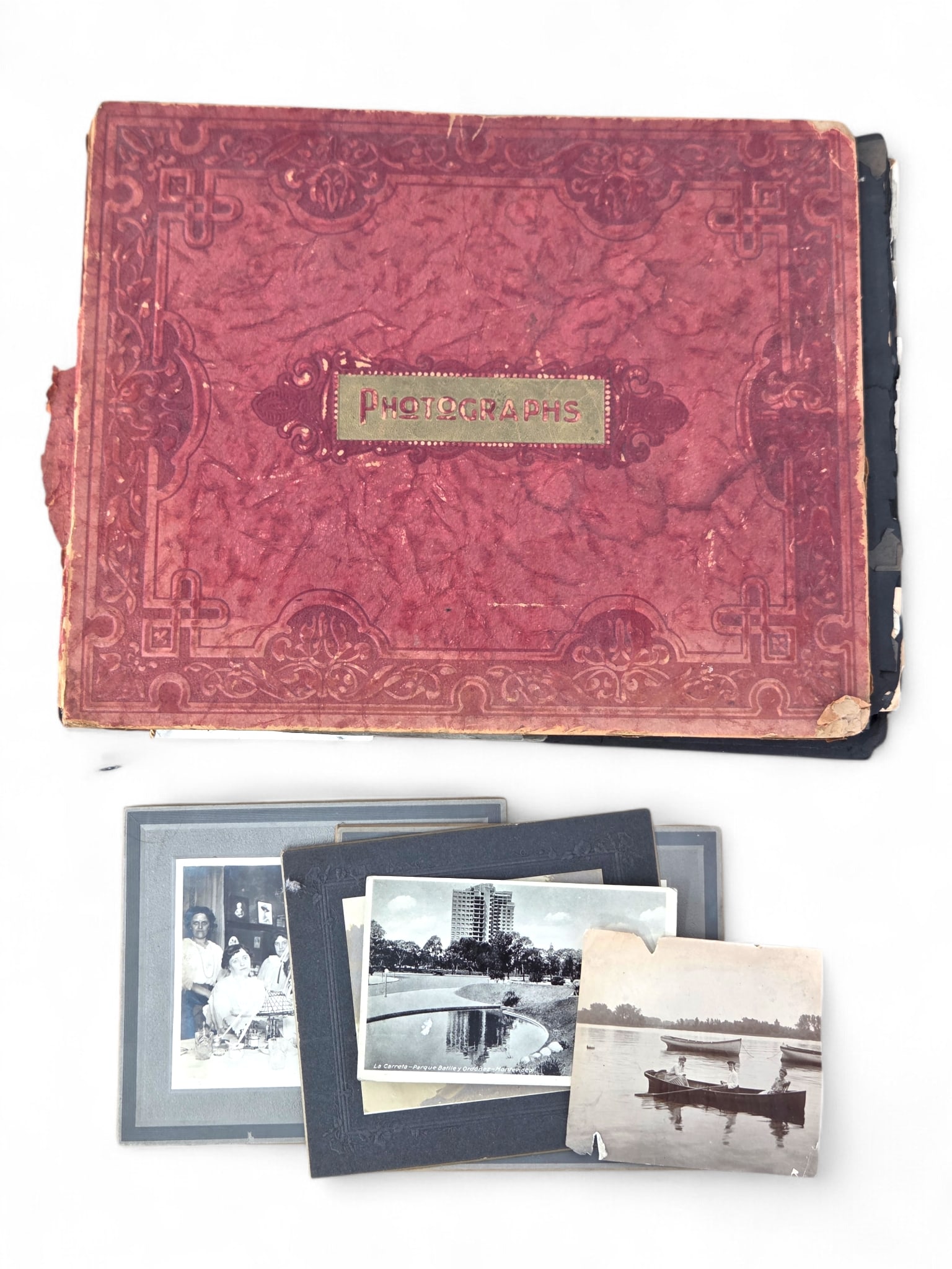 Antique Estate Found Photo Album from US State Dept World Traveler: Antique Photo album with a variety of vintage and antique photographs. Photos are a variety of formats and sizes and include many Victorian and early 20th C. Album is very damaged and cover is detache