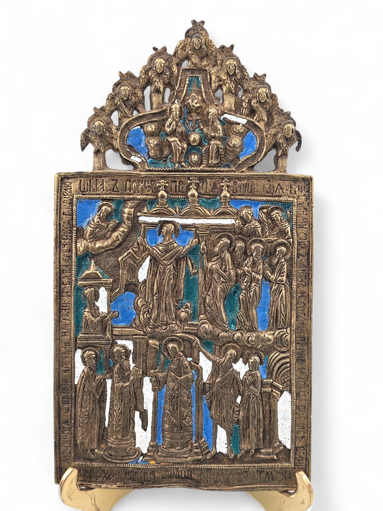 19th C. Brass and Enamel Russian Orthodox Icon of Annunciation: Antique 19th C. Russian Orthodox brass traveler's icon depicting the annunciation. Cast in relief and multi color enamelled. Wear consistent with age including oxidation and discoloration to brass and