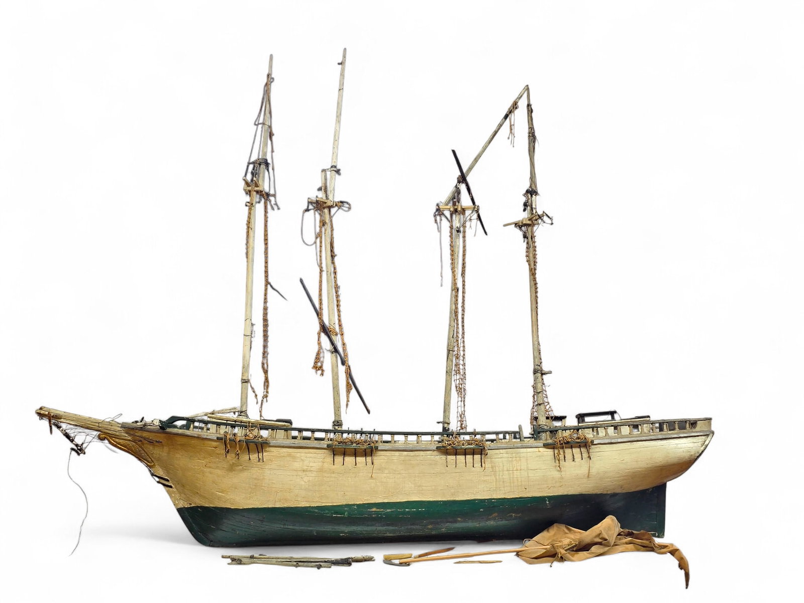 Large Antique Handmade Wooden Sailing Ship Model - 72" L: Large antique wooden ship model with painted details, appearing turn of the century in age. The model appears to be missing some elements and other pieces are dam