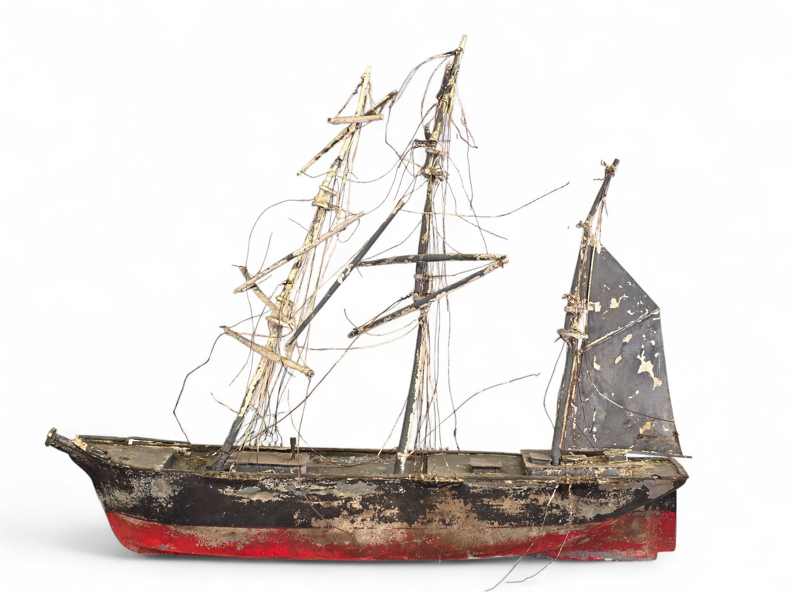 Antique Handmade Wooden Sailing Ship Model - 26" L: Antique wooden ship model with painted details, appearing turn of the century in age. The model appears to be missing some elements and other pieces are damaged.