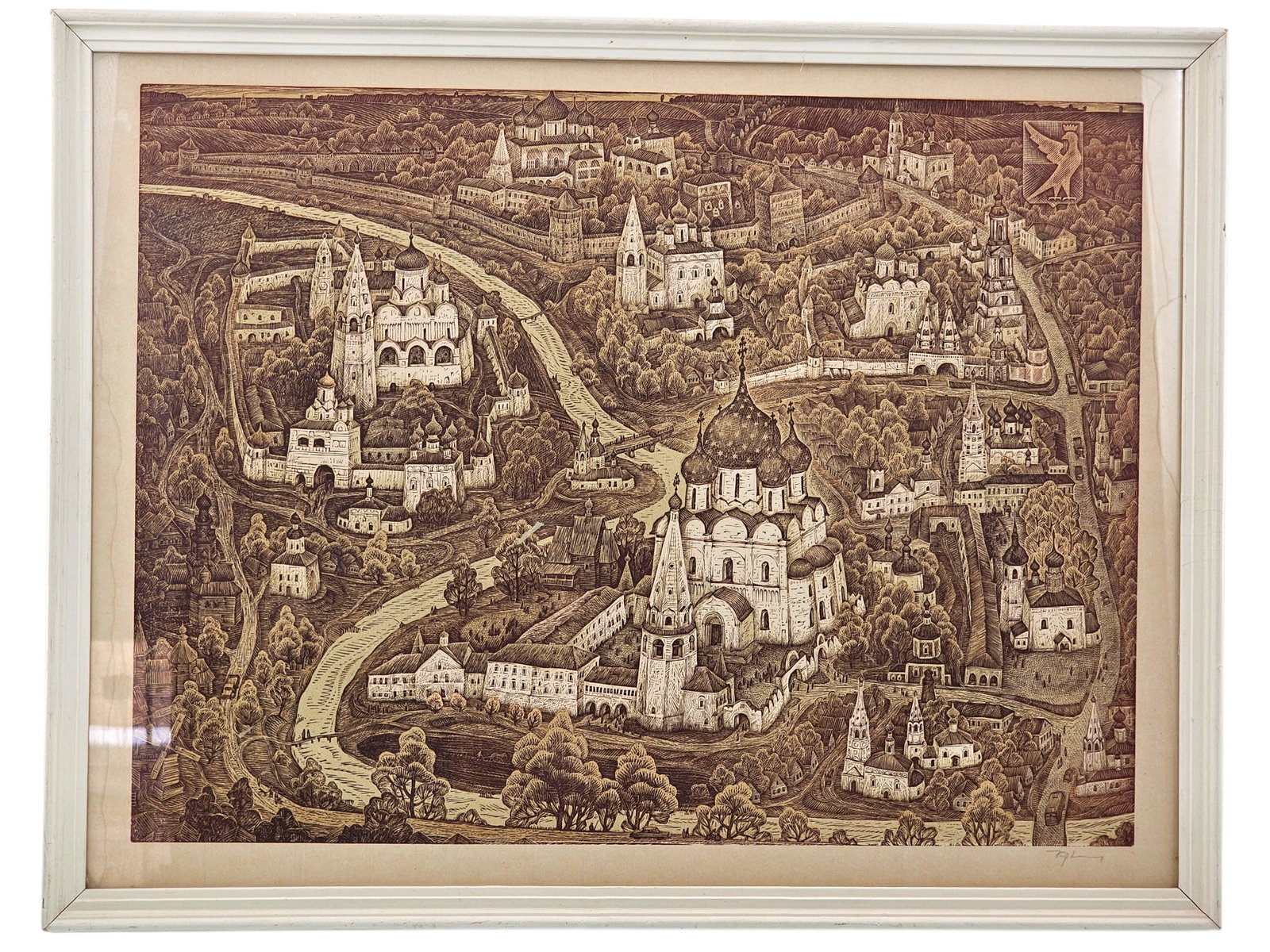 Soviet Era View of Moscow Colored Etching - Signed: Russian colored etching landscape print depicting view of Moscow. Signed lower right in pencil but signature is not legible. Applied label verso written in Russian which read "RSFSR" in Roman letters,