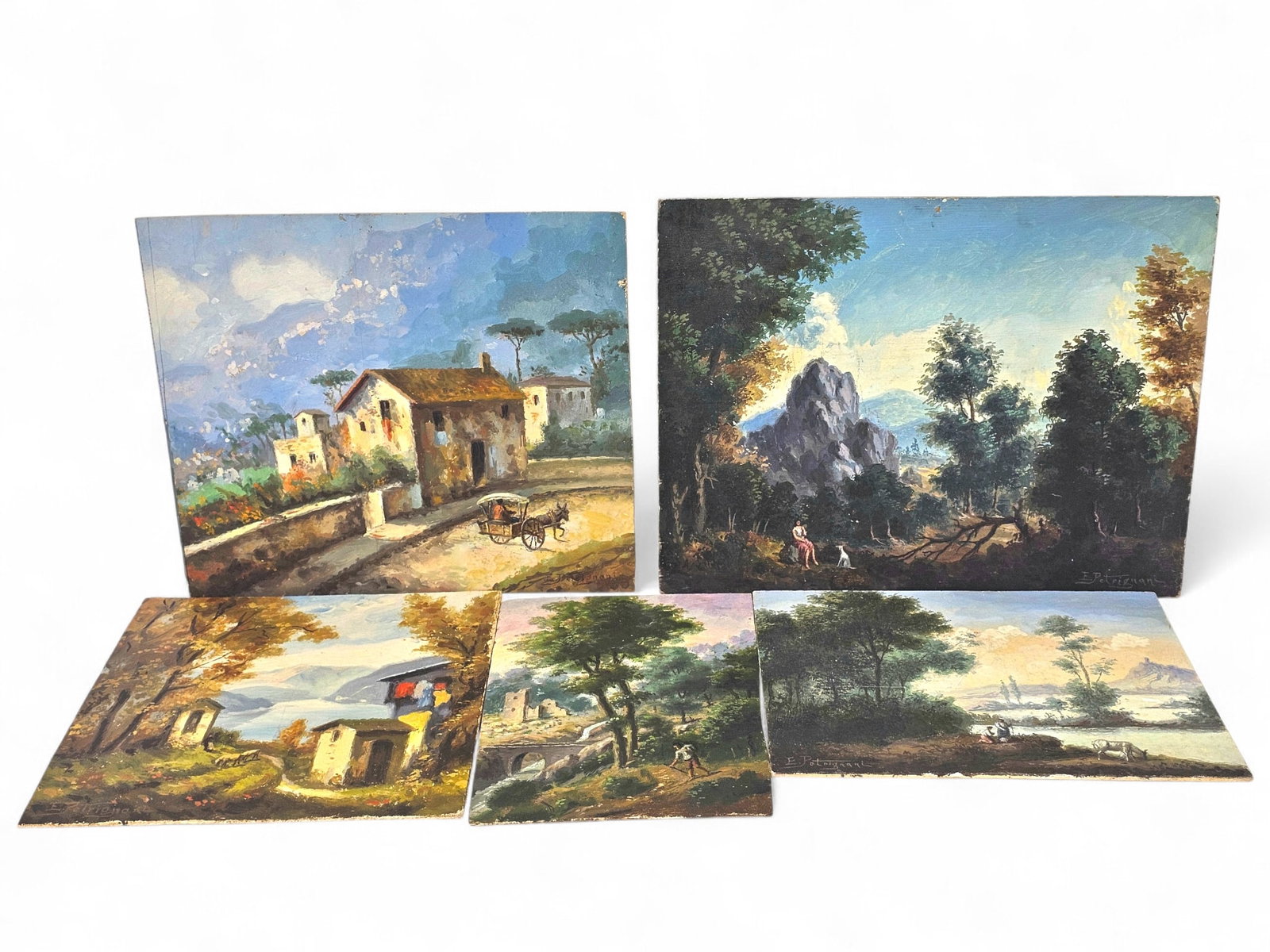 Grouping of Signed Unframed Oil Paintings by E. Potrignani: Five paintings by E. Potrignani, all oil on wood or composite board panels. Each painting depicts an idyllic landscape or Italian village countryside scene. All but one are signed on front. Three have