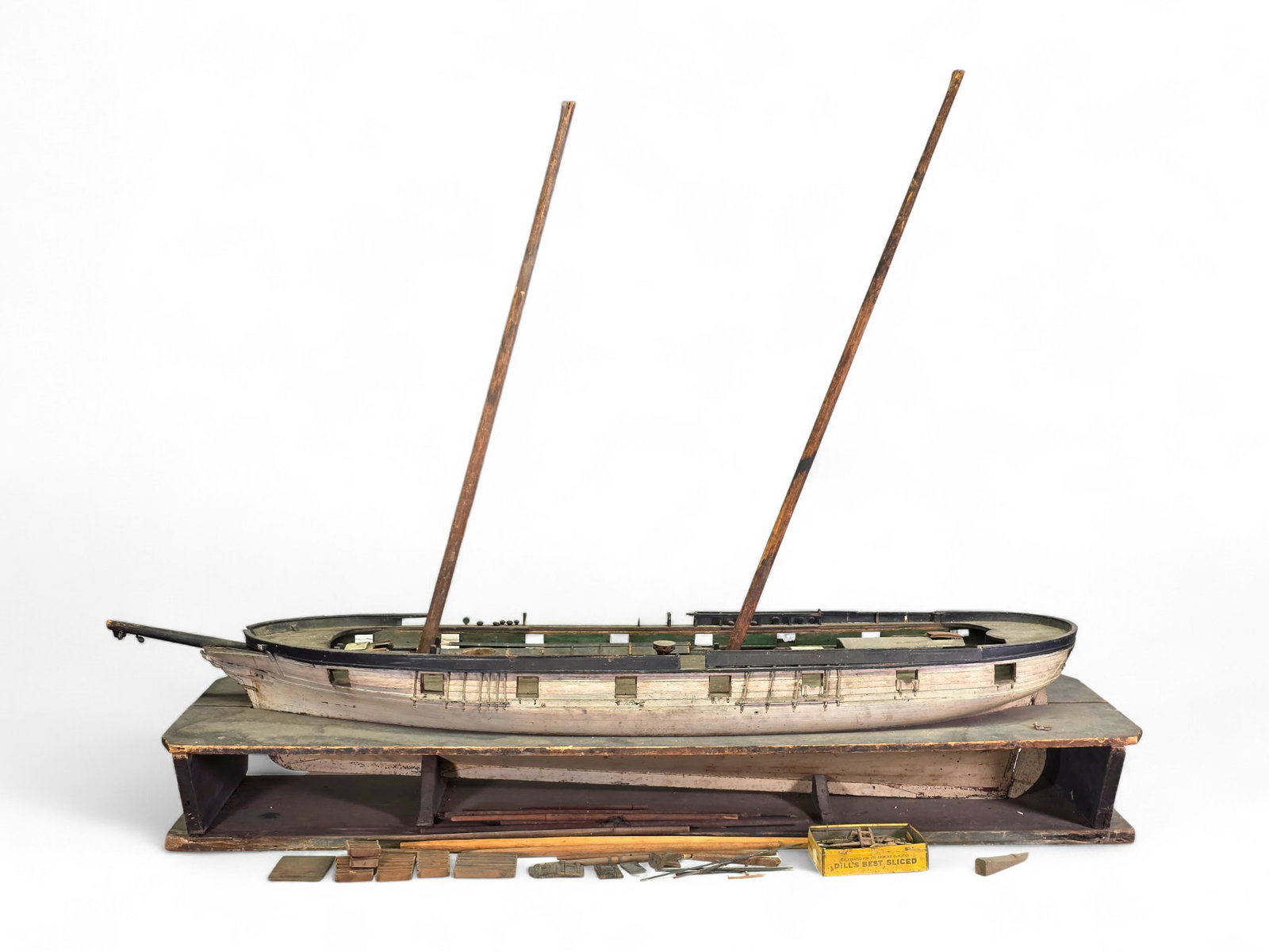 Large Antique Handmade Wooden Sailing Ship Model - 60" L: Large antique wooden ship model, appearing to date to the turn of the century, with detailed construction. The lot includes miscellaneous detached components belie