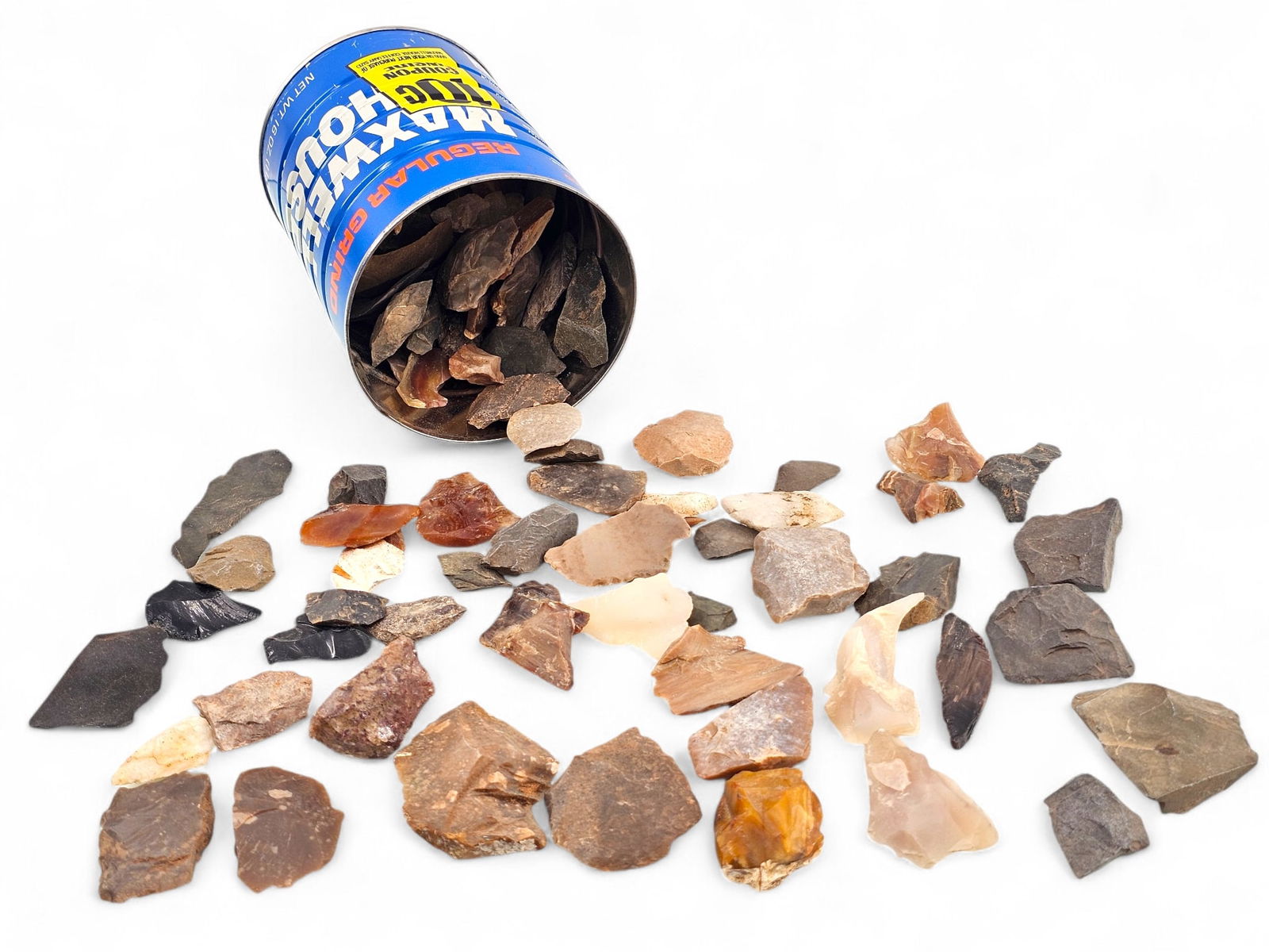 Stone Native American Arrowheads - Coffee Can Bulk Lot: Grouping of Native American Stone arrowheads, various shapes, sizes, and materials. Pre Columbian to newer. See photos for more details on the contents of this lot. 