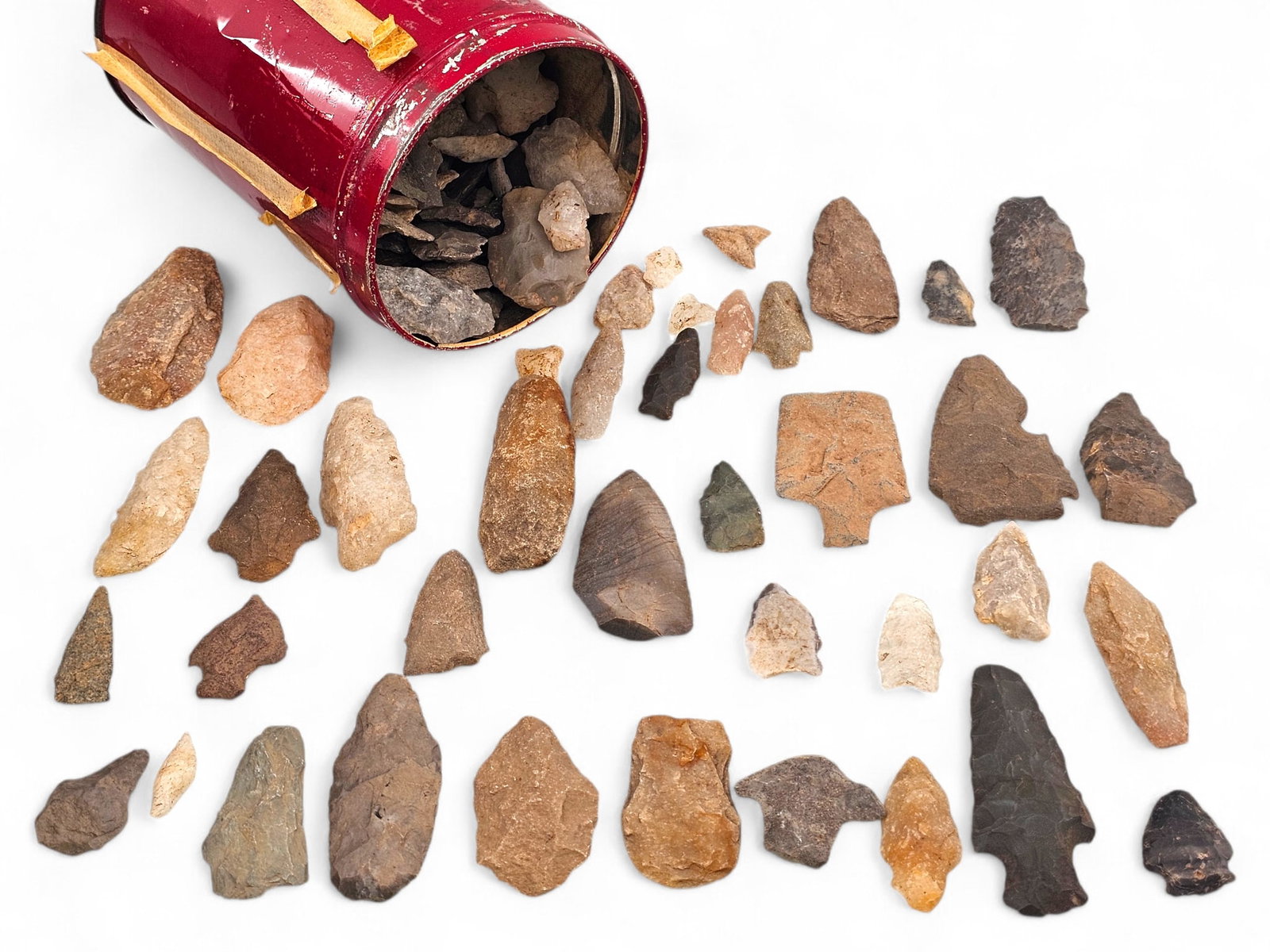 Native American Stone Arrowheads & Tools- Coffee Can Bulk Lot: Grouping of Native American Stone tools and arrowheads of various shapes, sizes, and materials. Pre Columbian to newer. See photos for more details on the contents of this lot. 