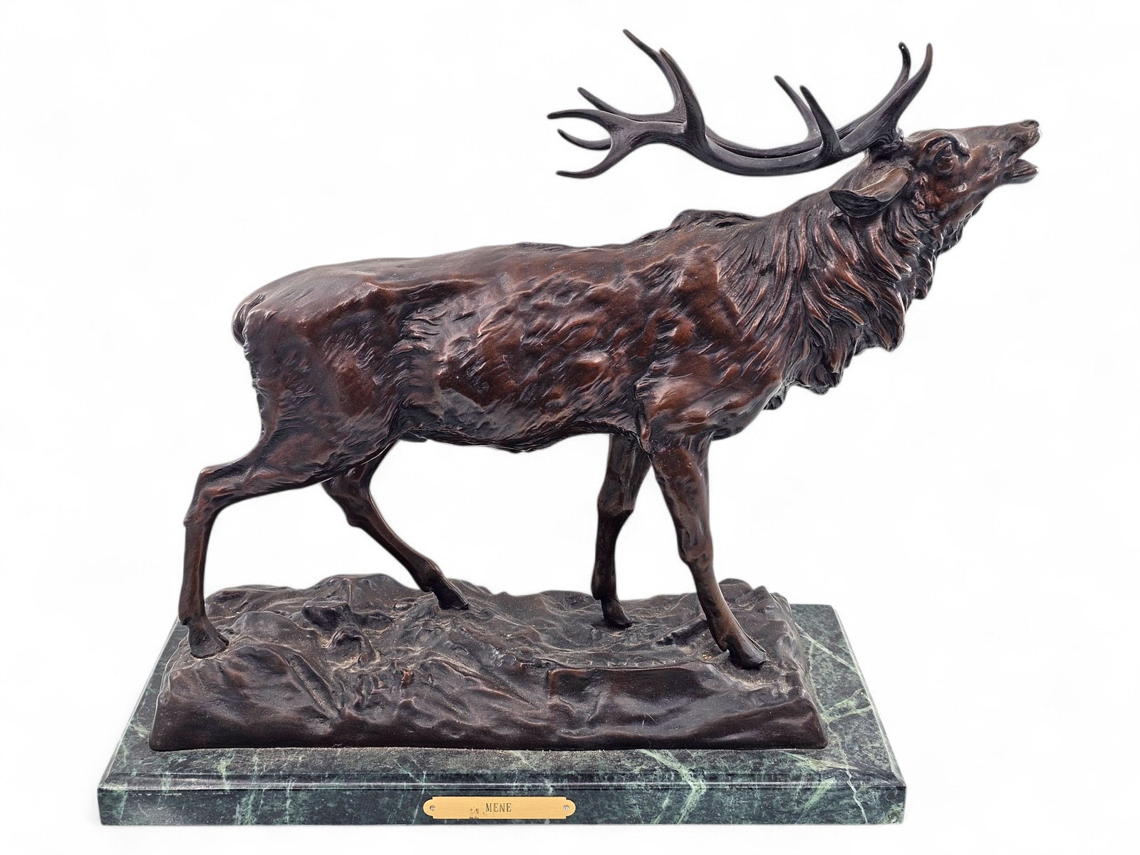 Pierre-Jules Mene (French, 1810-1879) Cast Bronze "Elk" Sculpture: Perre-Jules Mêne (French, 1810-1879) signed bronze sculpture of an elk stag, mounted on a marble plinth. Piece is signed on base of bronze portion, and also has a plaque reading "Mene" attached to ma