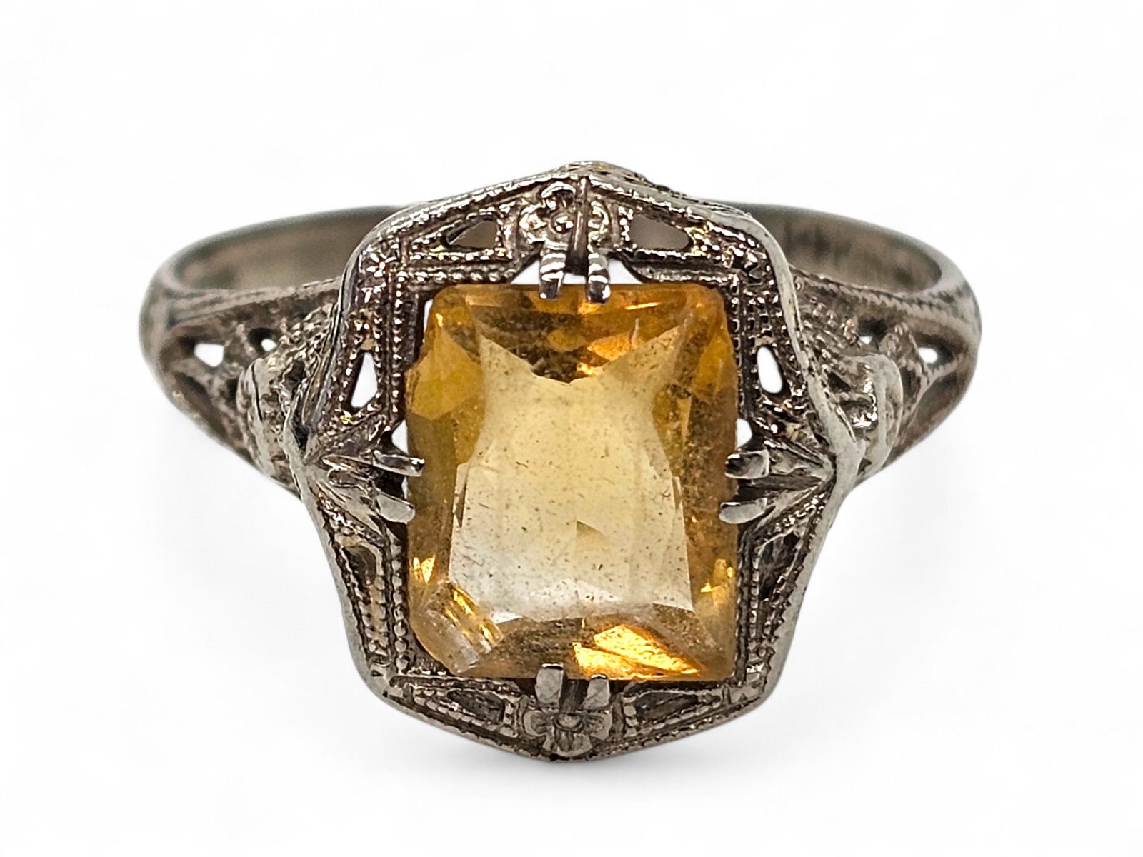 Antique Victorian Style 14K White Gold Filigree & Yellow Citrine Ring: Details: Ring appears antique / vintage in age. Material: 14K White GoldBrand/Designer: Unknown / UnmarkedCondition: Good overall vintage condition, showing ware and marks con