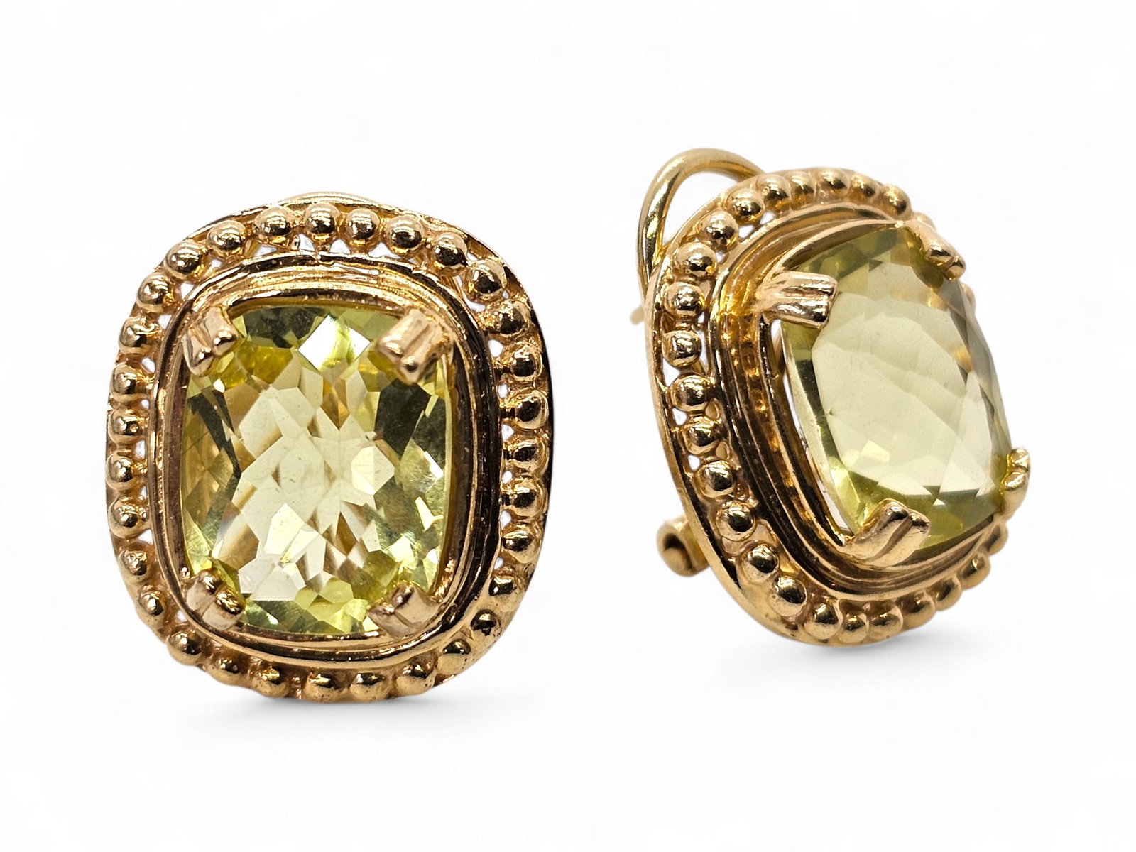 Fine 14K Yellow Gold Earrings with Large Cut Yellow Citrine Stone: Details: Large center stone is well cut and bright, set into yellow gold with a beaded surround. Material: 14K Yellow GoldBrand/Designer: Unknown / UnmarkedCondition: Very goo