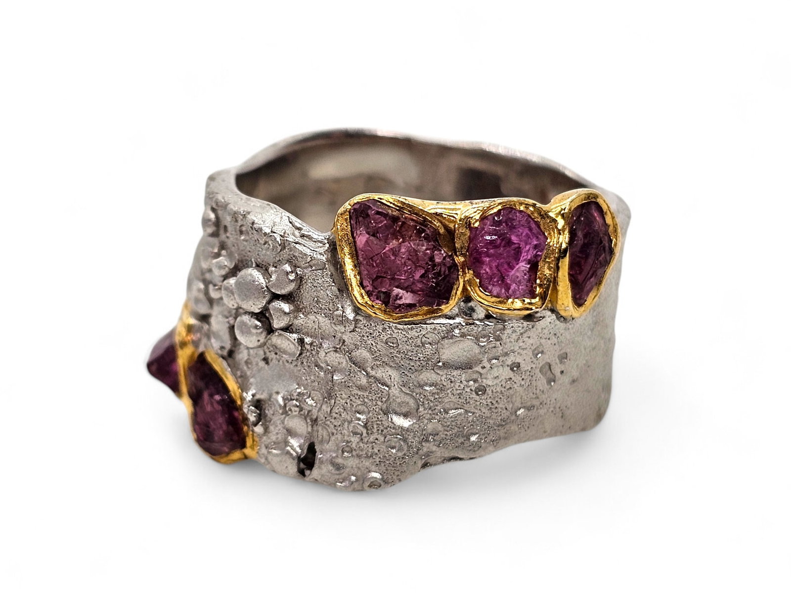 Signed German Kabirski Brutalist Style Sterling Silver & Rough Amethyst Ring: Details: Ring is done in a brutalist modernist style, featuring 6 rough Amethyst Stones set into Gold plated surrounds. Material: .925 Sterling SilverBrand/Designer: Marked "GK" on