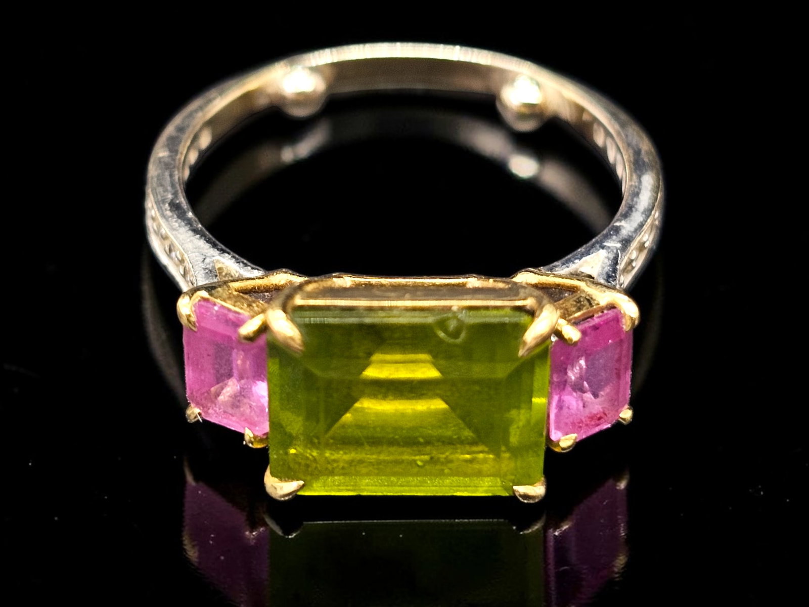 18K White Gold "Paolo Costagli" Pink Sapphire, Diamond & Green Peridot Gemstone Ring: Details: The ring is signed on the outside edge. Material: 18K White GoldBrand/Designer: Marked "PC" for designer Paolo CostagliCondition: Very good used condition, showing wa