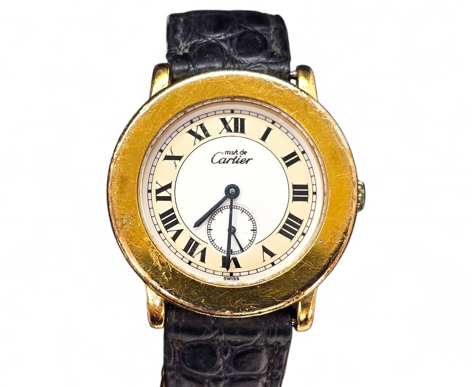Vintage Must de Cartier White Dial Ronde Ladies Wrist Watch - 18K Gold Plated Sterling Silver: Details: Does not include a box. Material: 18K Gold Plated .925 Sterling SilverBrand/Designer: Must de CartierCondition: Good used vintage condition, showing some finish loss