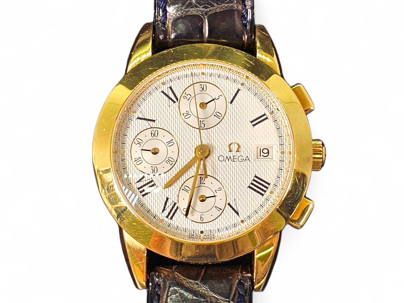 18K Gold Omega Louis Brandt Chronograph Watch: Details: Mens Omega Louis Brandt 18K solid yellow gold chronograph watch with silver dial. Swiss made and marked #1156. Marked 750 on case. Has original solid gold clasp which is also marked 750. Open