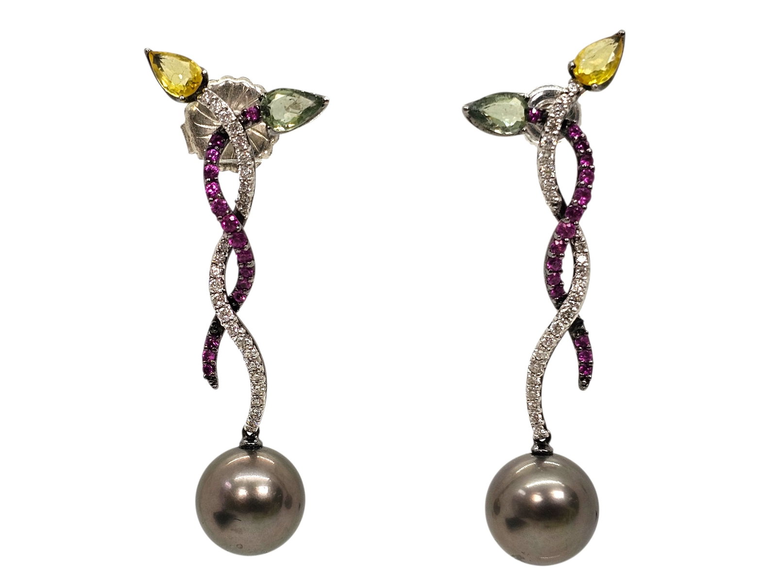 Twisted Diamond, Pink Spinel 18K Grey White Gold Earrings with Topaz & Tahitian Pearls: Details: The earrings are adorned with many small cut Diamonds and Pink Spinel Stones set into 18K gold. The top is set with two teardrop cut Topaz stones, with a high grade Tahitian pearl at the bott