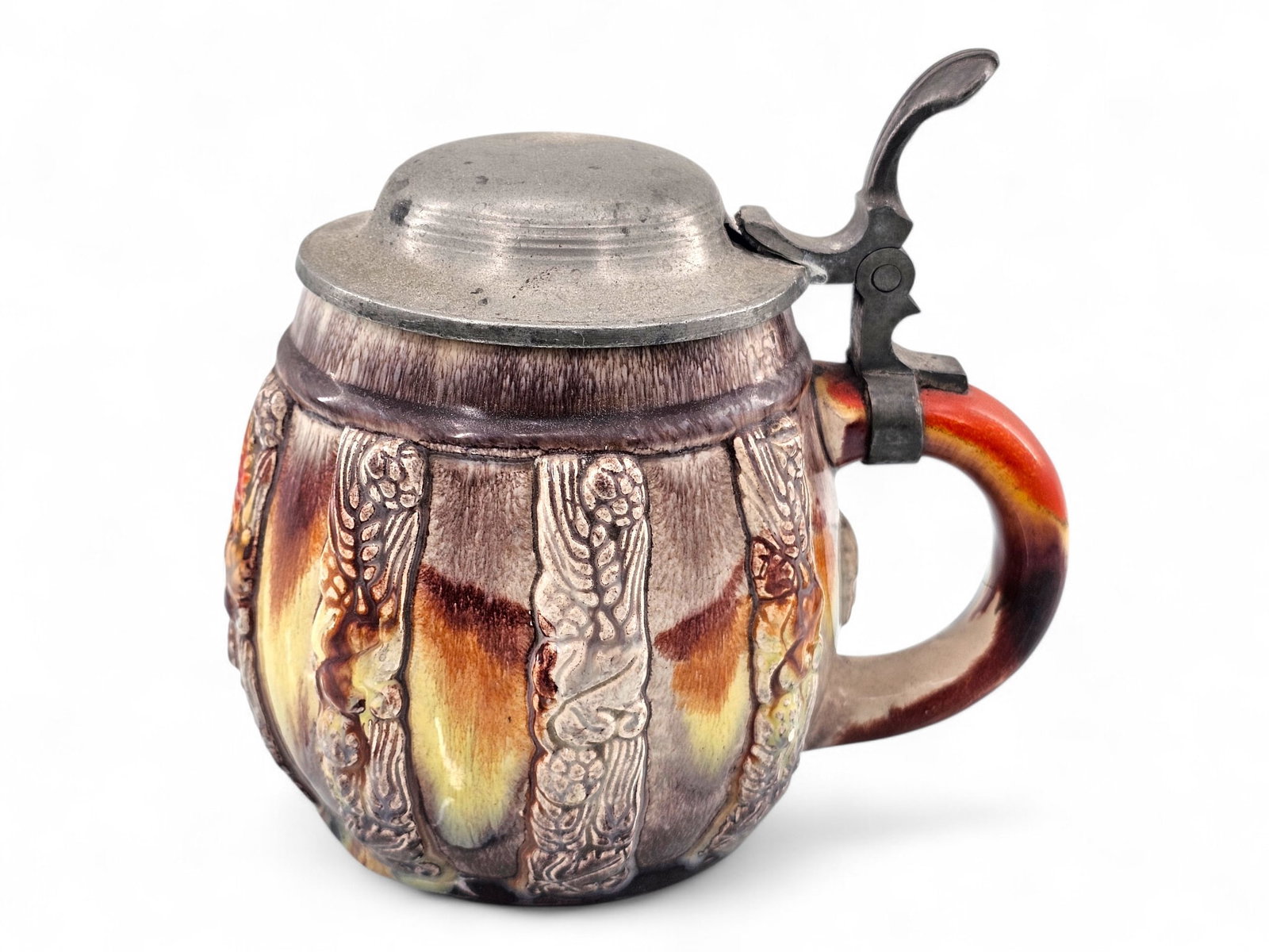 Marzi & Remy Art Deco Ceramic Beer Stein No. 2757: Vintage Marzi & Remy beer Stein with barley and hops decoration and polychrome glaze. Marzi and Remy symbol stamp on base along with numbers "2752" and "27". Wear consistent with age and use including