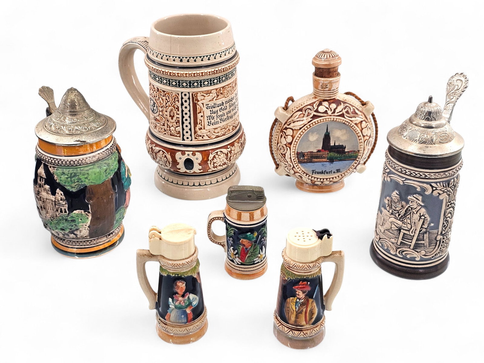 (7pc) German Style Stoneware Beer Steins, Lighter, Flask, & More (1 of 20)