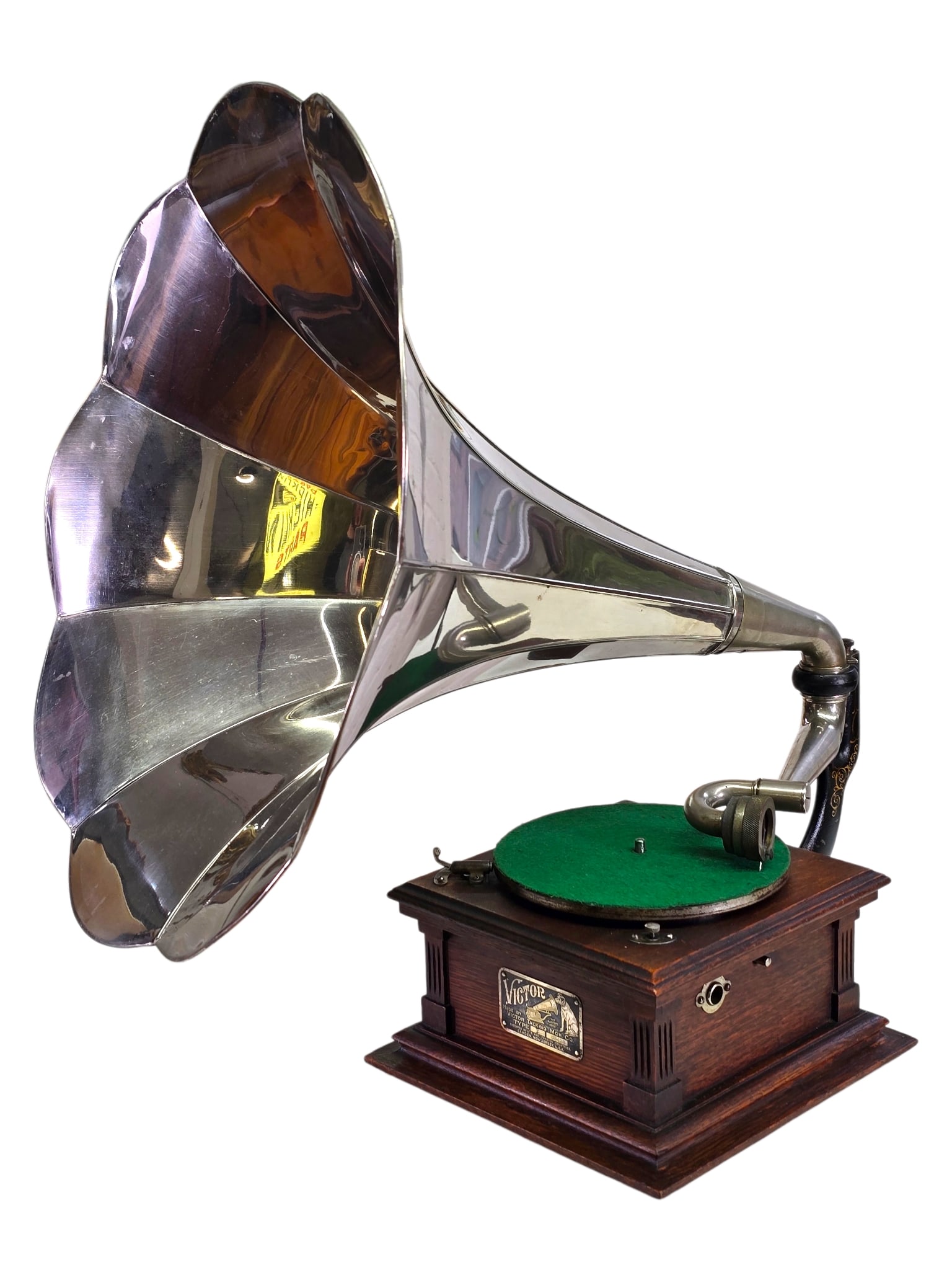 Victor Talking Machine Type E Phonograph w/ Nickel Plated Morning Glory Horn: Victor Talking Machine Type E Phonograph - With scarce polished nickel plated morning glory horn. The phonograph is in good original collectors condition and plays nicely, spring and motor
